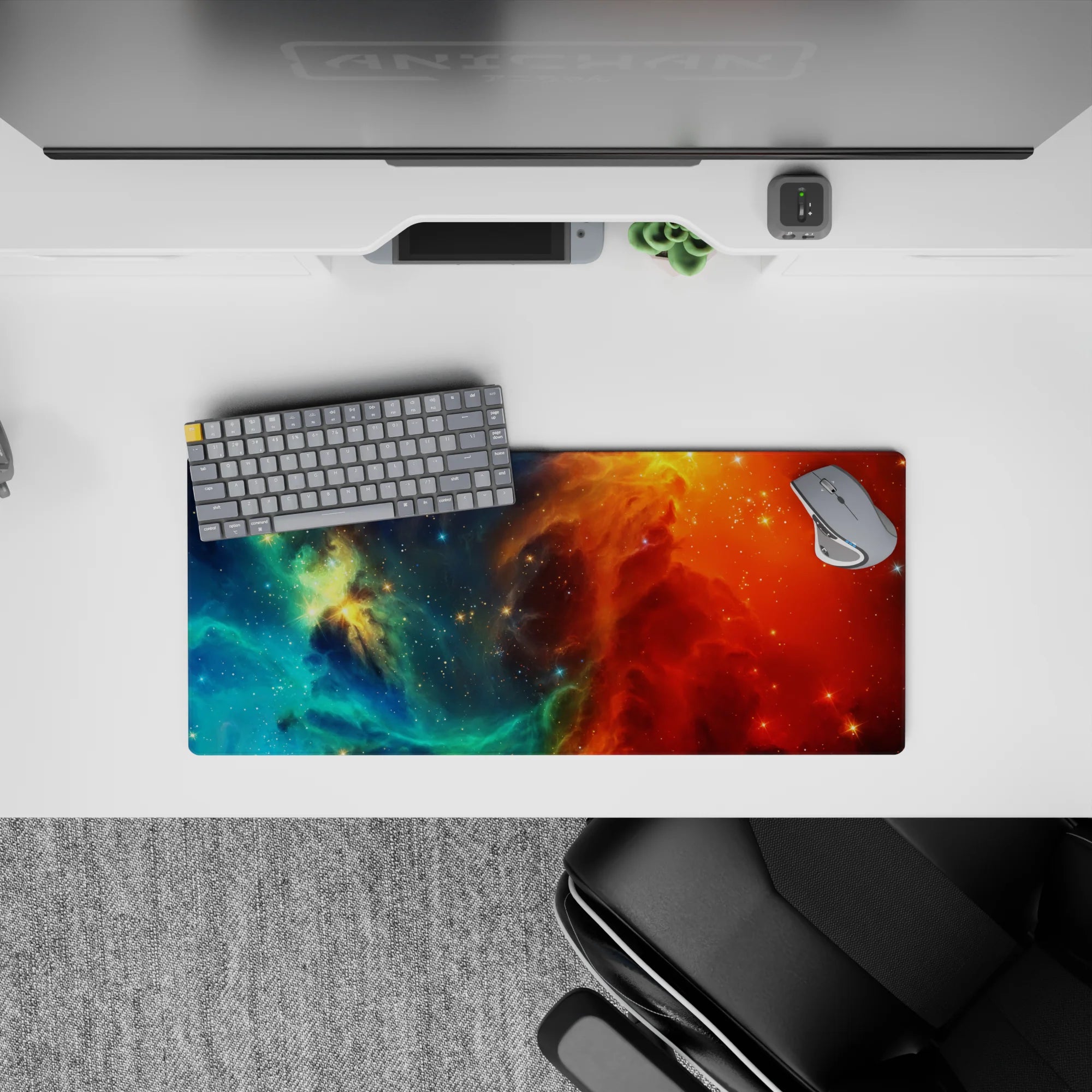 Dreamy bold 28x12 inches mouse pad in teal and ocean blue fading into fiery orange and deep red.