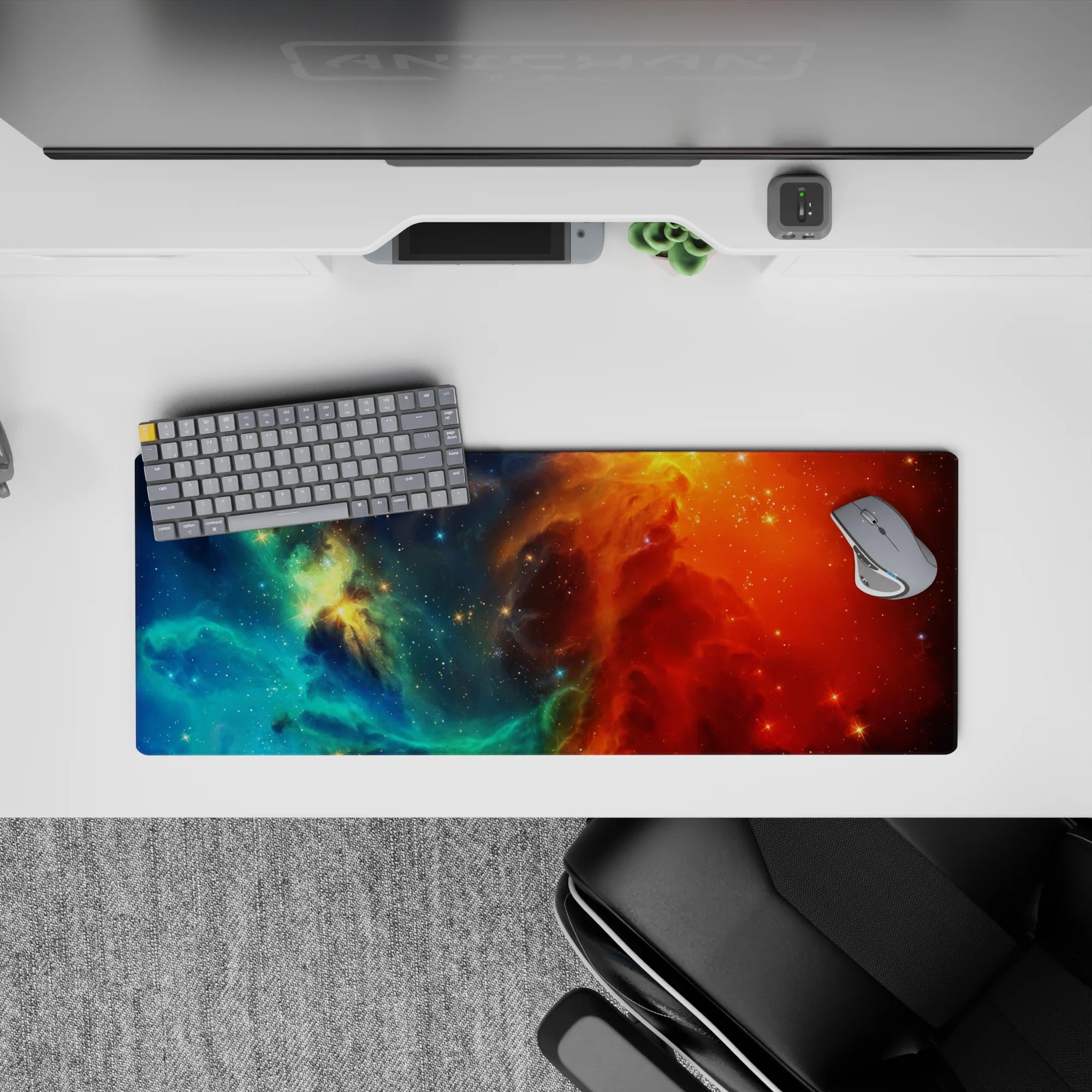 Dreamy teal and ocean blue fade into fiery orange and deep red, 32x12 inches mouse pad.