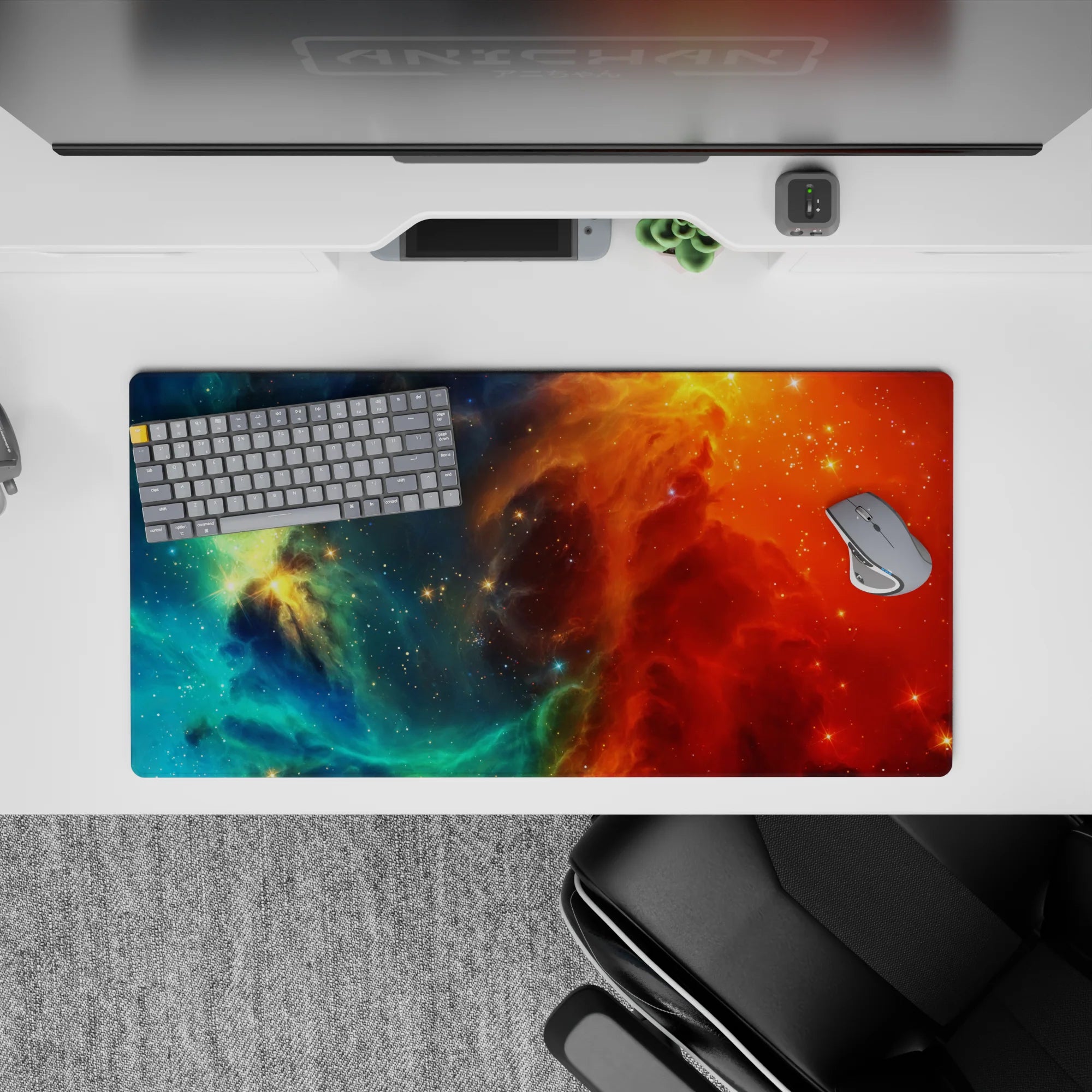 Dreamy bold 32x16 inches mouse pad in teal and ocean blues fading into fiery orange and red.