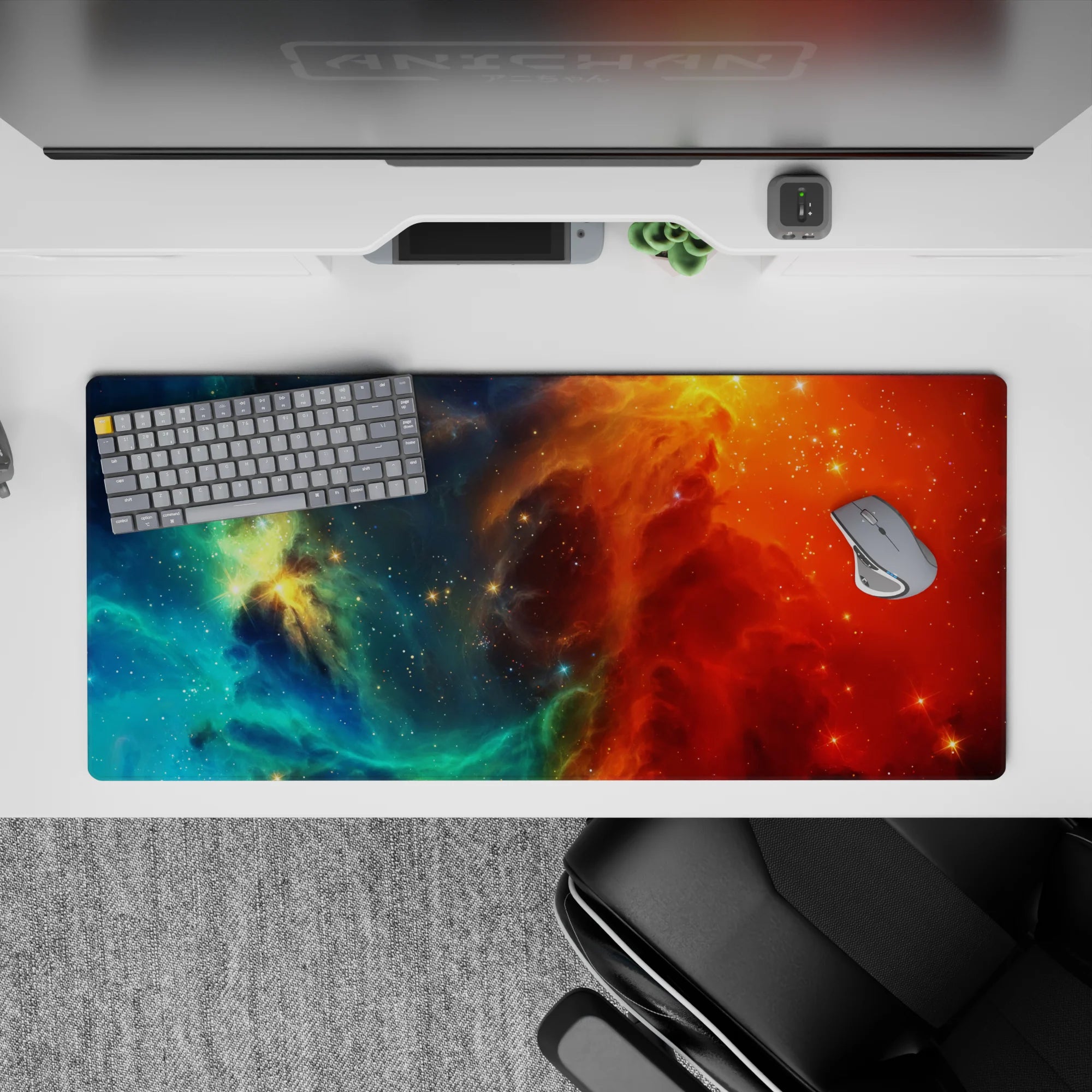 Dreamy bold 36x16 inches desk pad in teal and ocean blues fading into fiery orange and deep reds.