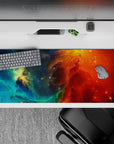 Dreamy bold 36x16 inches desk pad in teal and ocean blues fading into fiery orange and deep reds.