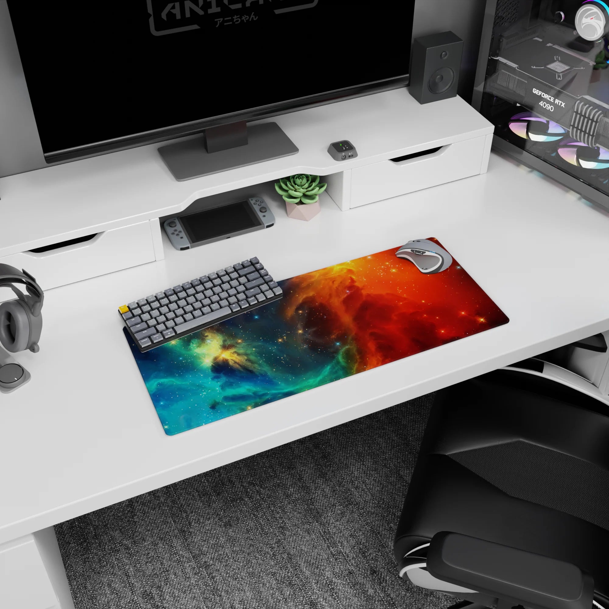 Cosmic night-sky scene mouse pad, 28x12 inches, with glittering star specks across a colorful nebula.