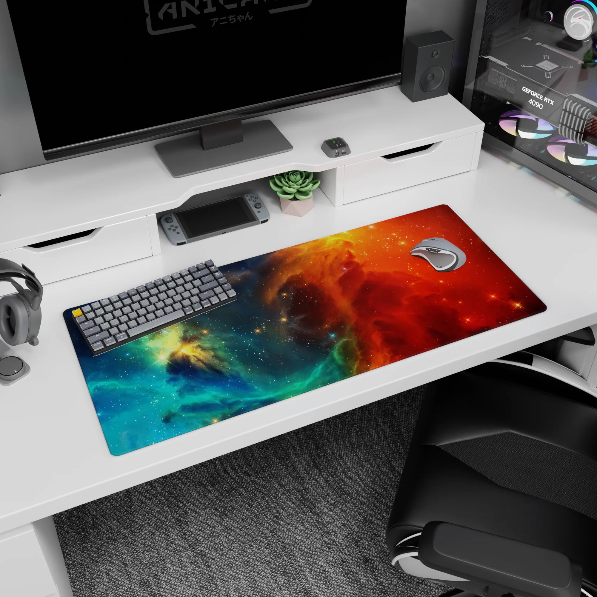 Starry night cosmos scene desk pad 36x16 inches with swirling clouds and scattered stardust.