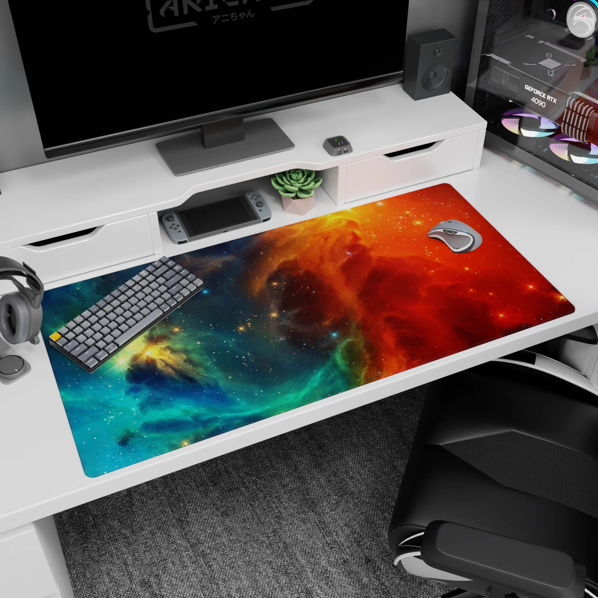 Starry night sky nebula scene desk pad 40x20 inches with glittering specks across clouds.