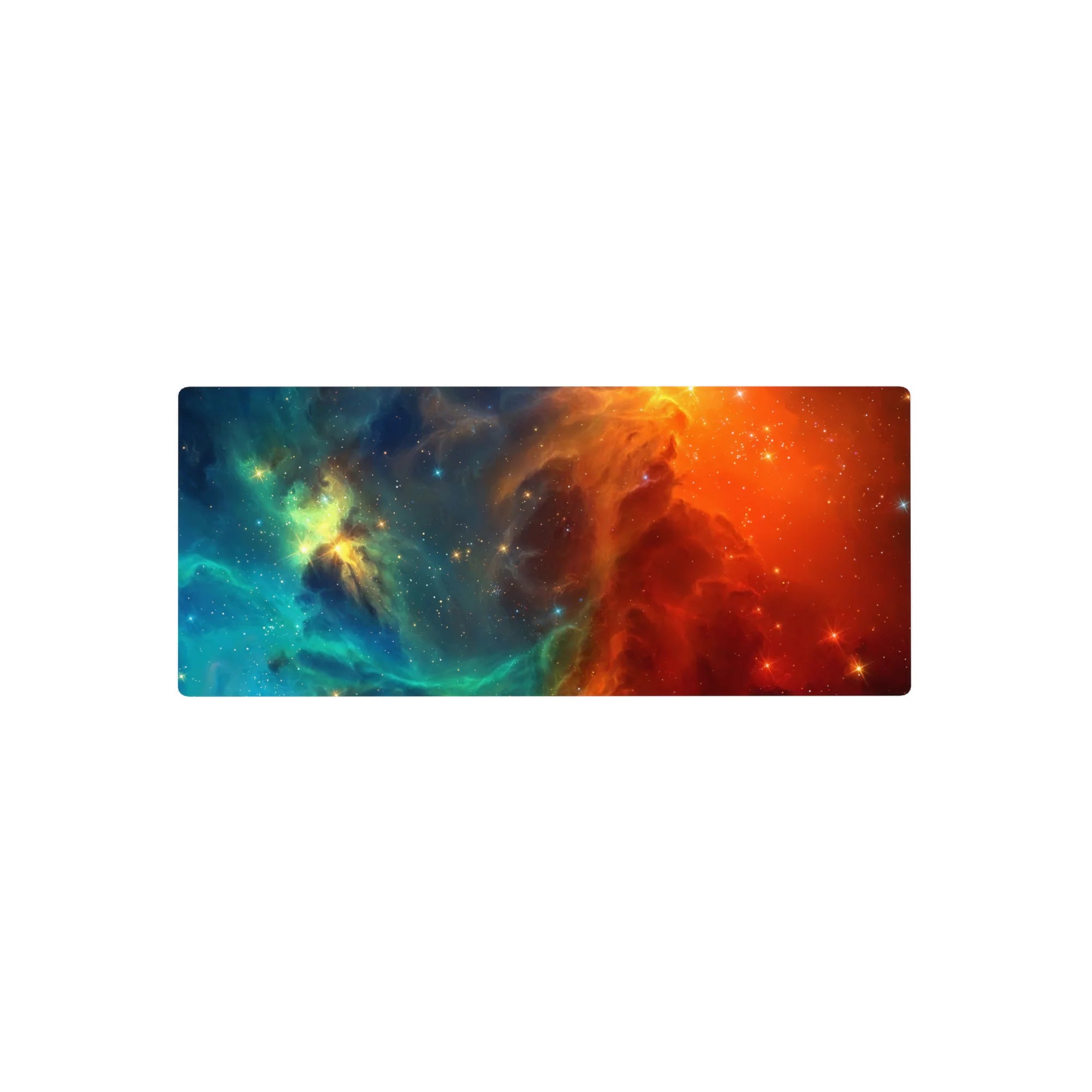 Nebula swirl galaxy print mouse pad, 28x12 inches, with star-speckled clouds for desk and gaming.