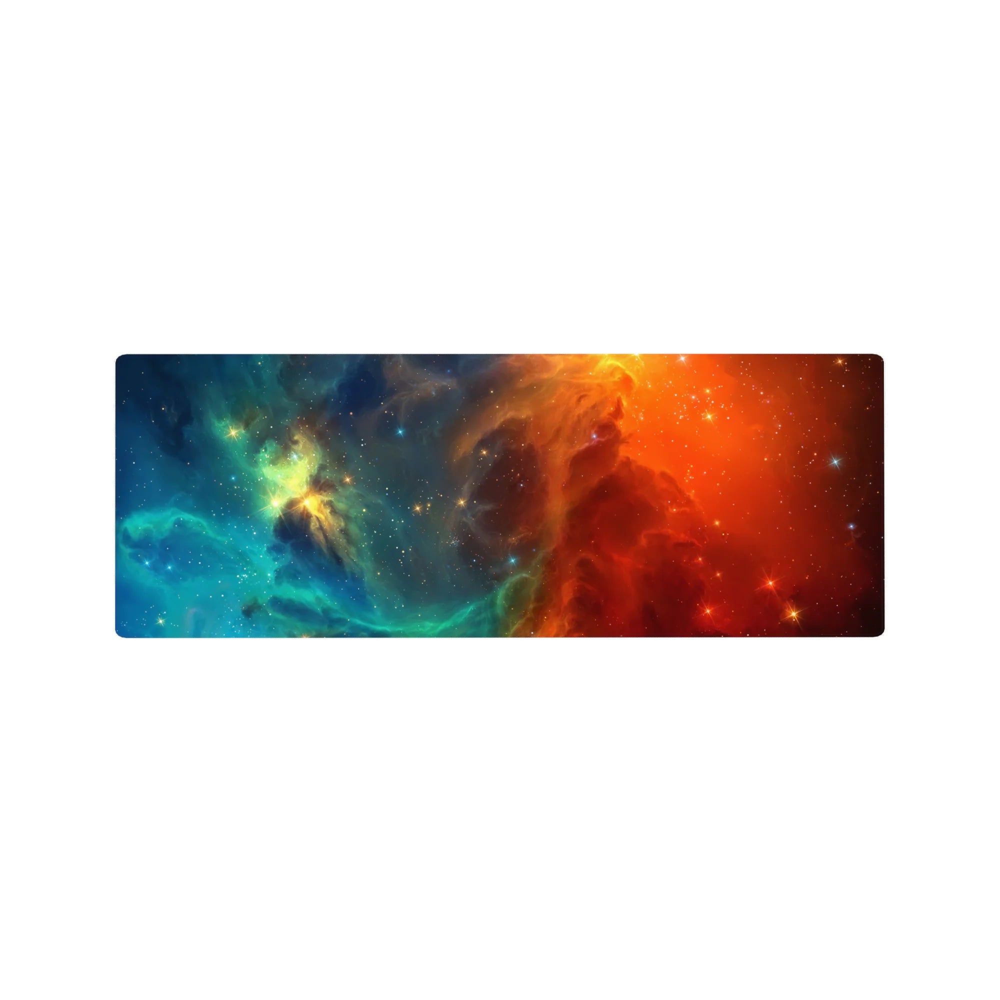 Nebula swirl galaxy mouse pad, 32x12 inches, with glittering star specks and bold cosmic print.