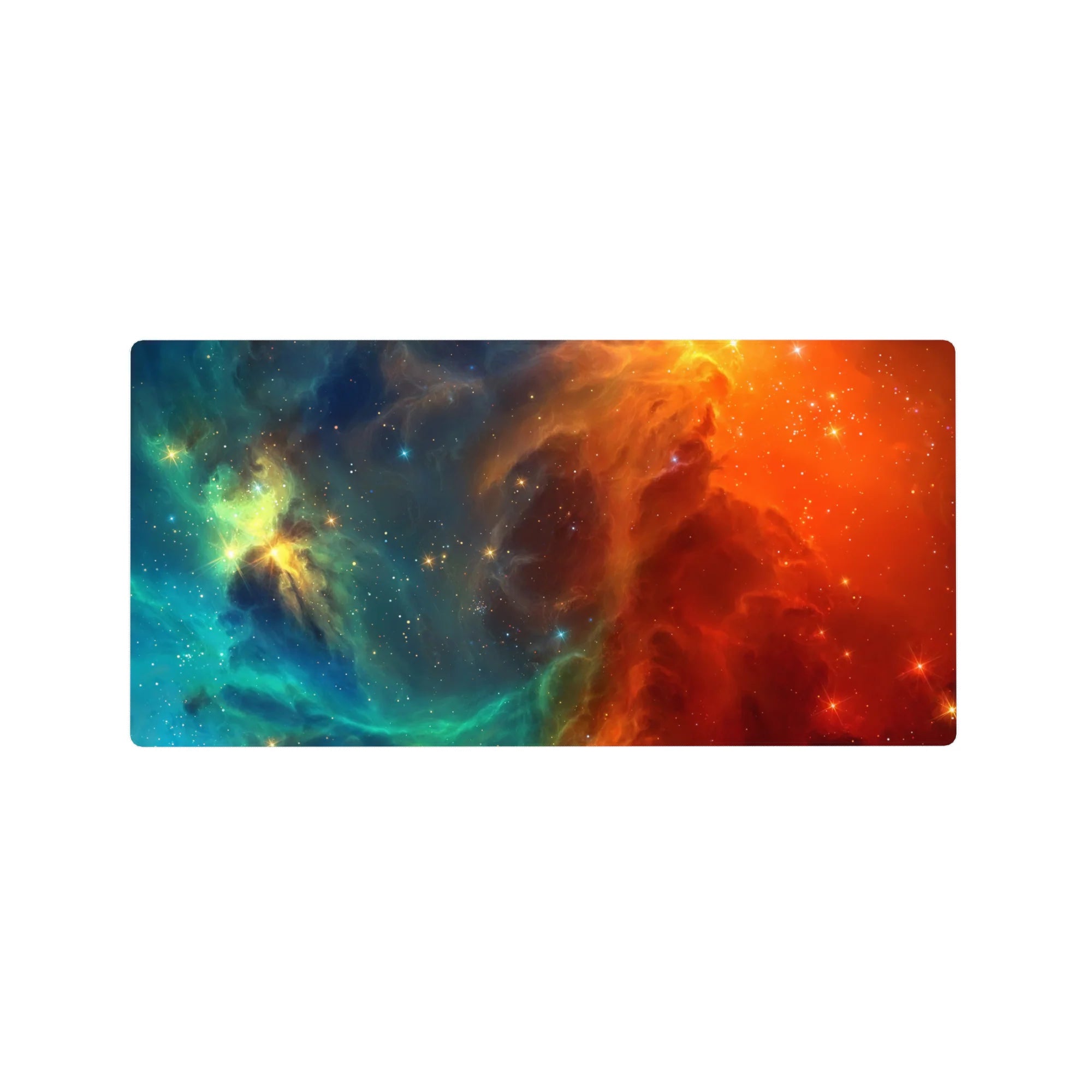 Swirling nebula galaxy desk mouse pad, 32x16 inches, with star-speckled cosmic print.