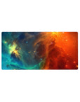 Swirling nebula galaxy desk mouse pad, 32x16 inches, with star-speckled cosmic print.
