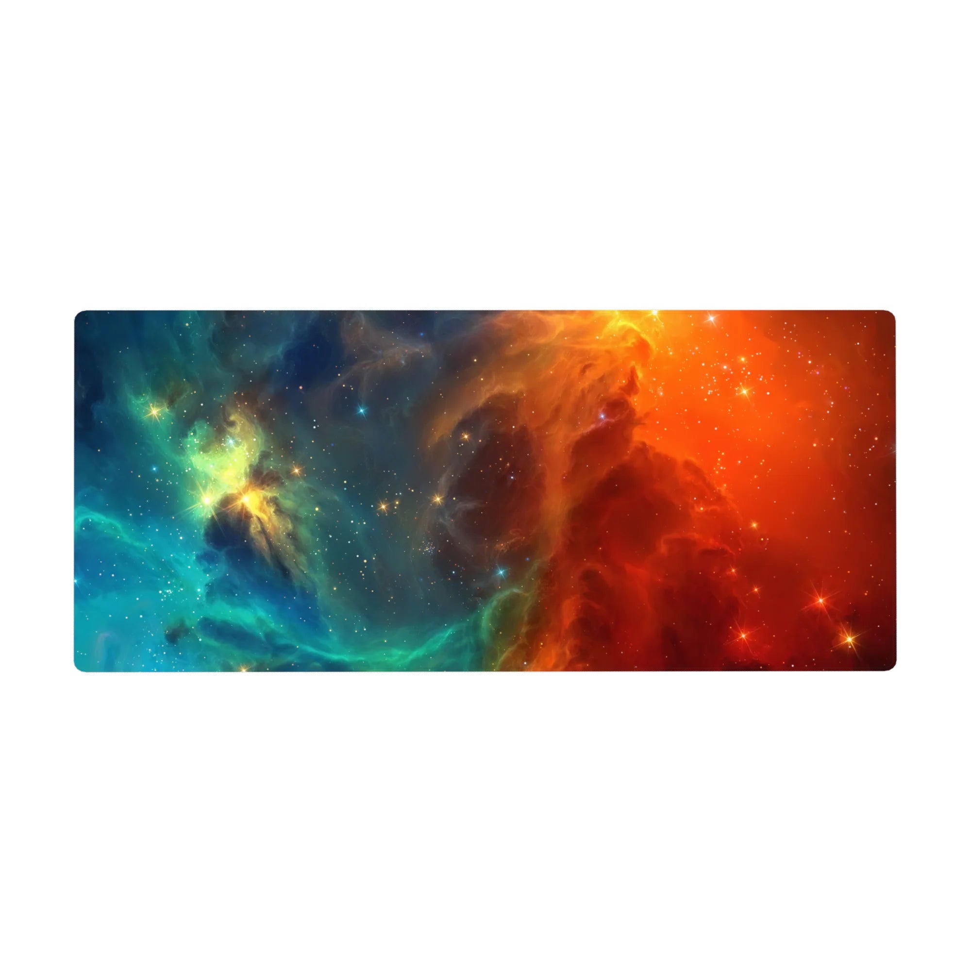 Nebula swirl galaxy desk pad 36x16 inches with glittering star specks and smooth fade.