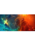 Nebula swirl galaxy desk pad 36x16 inches with glittering star specks and smooth fade.