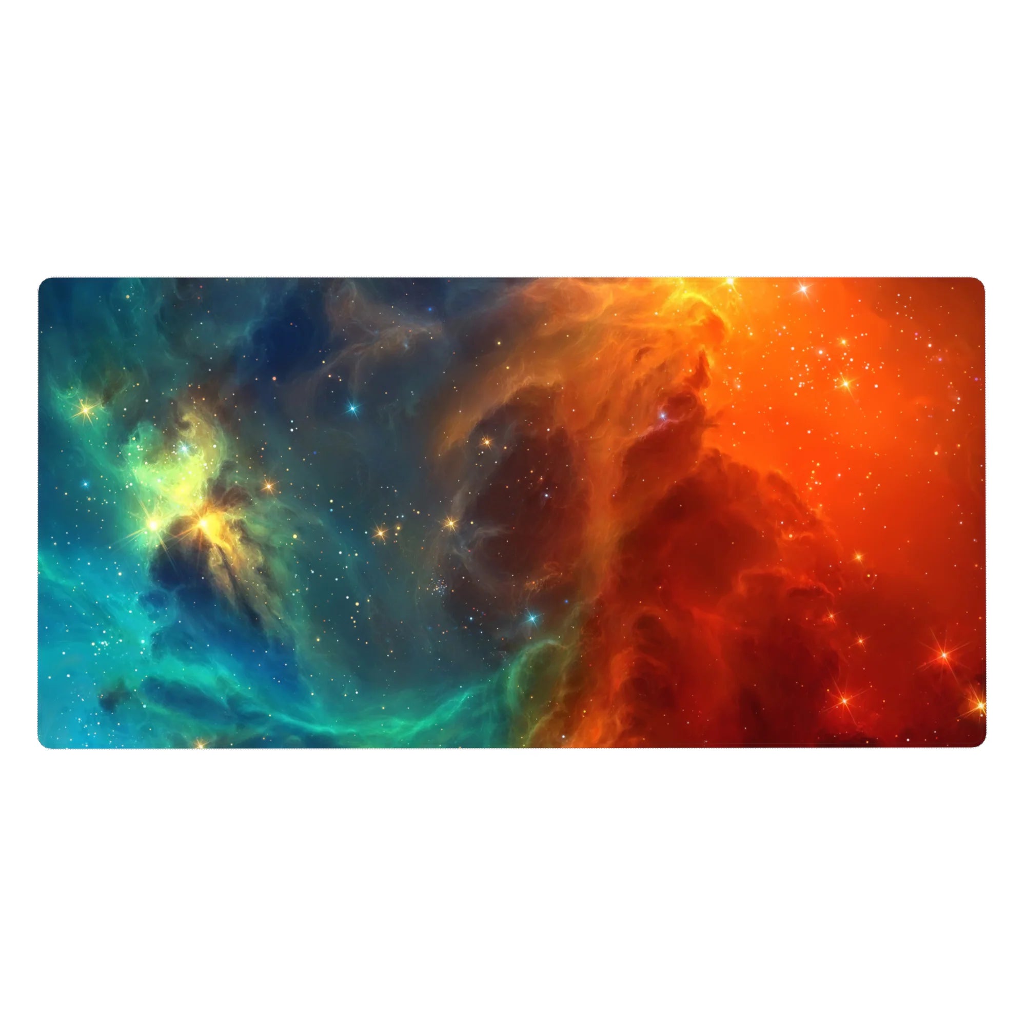 Swirling nebula galaxy desk pad 40x20 inches with star-speckled cosmic print.