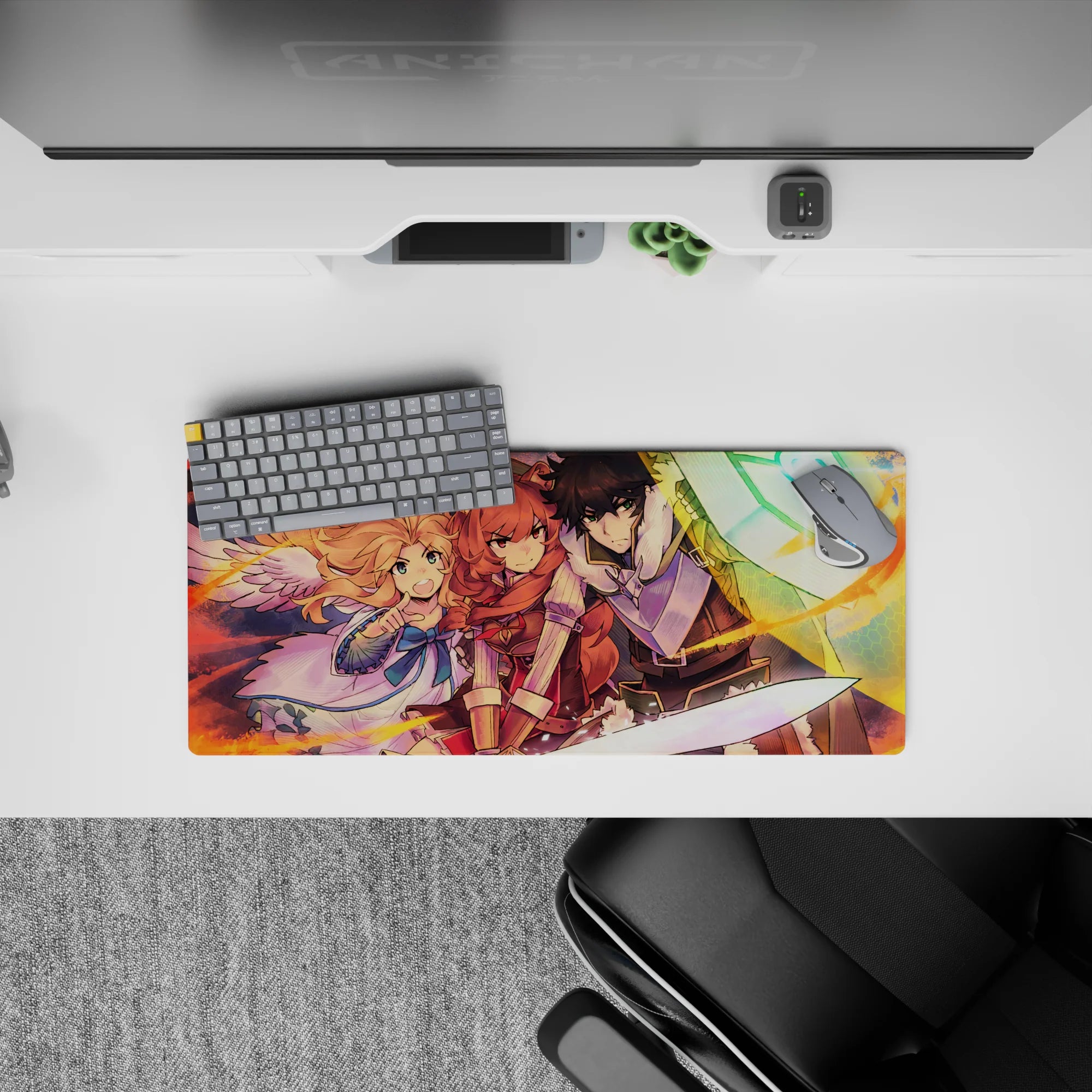28x12 inches anime mouse pad in warm oranges and cool teals with bold shading and heroic energy.
