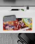 28x12 inches anime mouse pad in warm oranges and cool teals with bold shading and heroic energy.