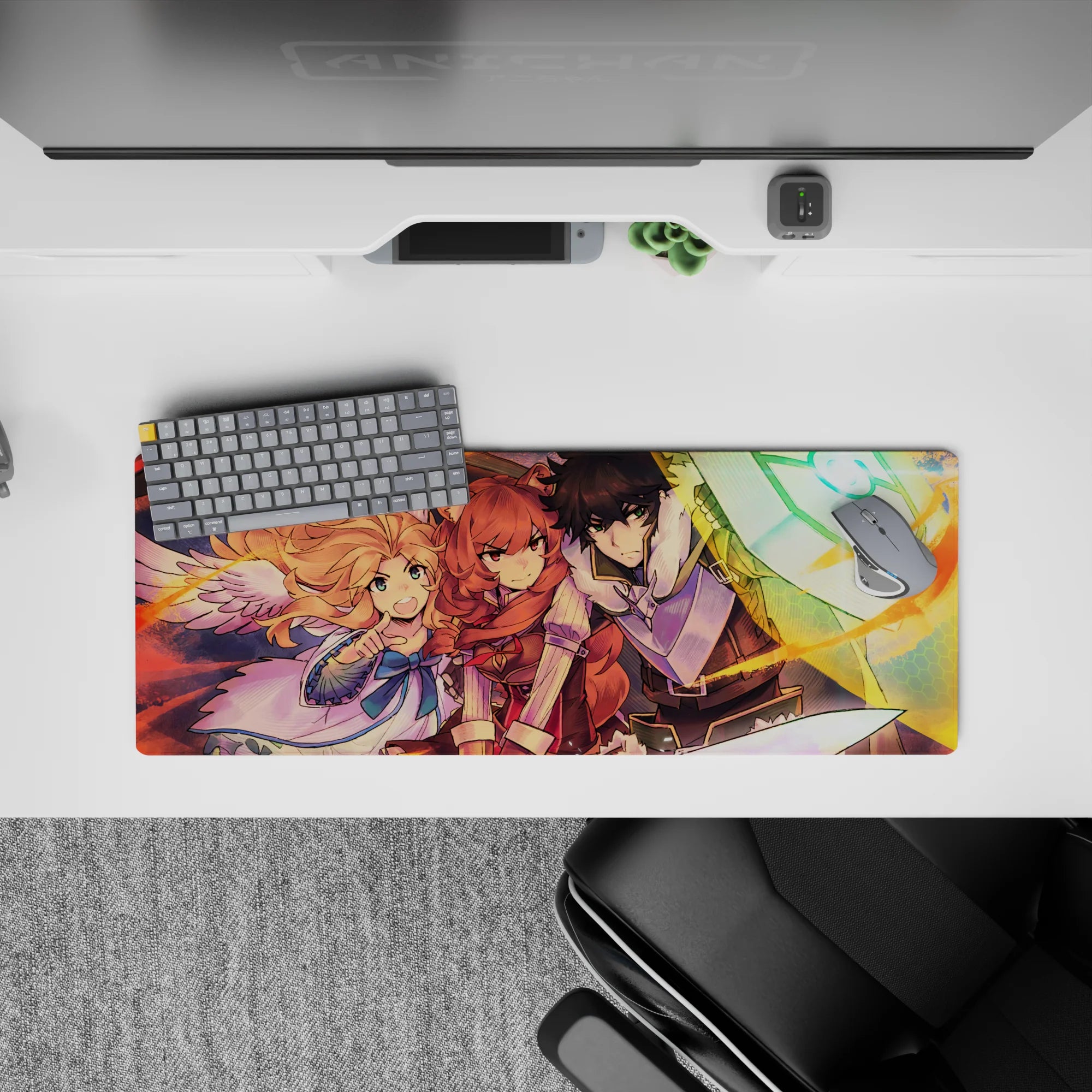 32x12 inches anime mouse pad in warm oranges and cool teals, bold painterly shading, rune-glow shield, hopeful vibe.