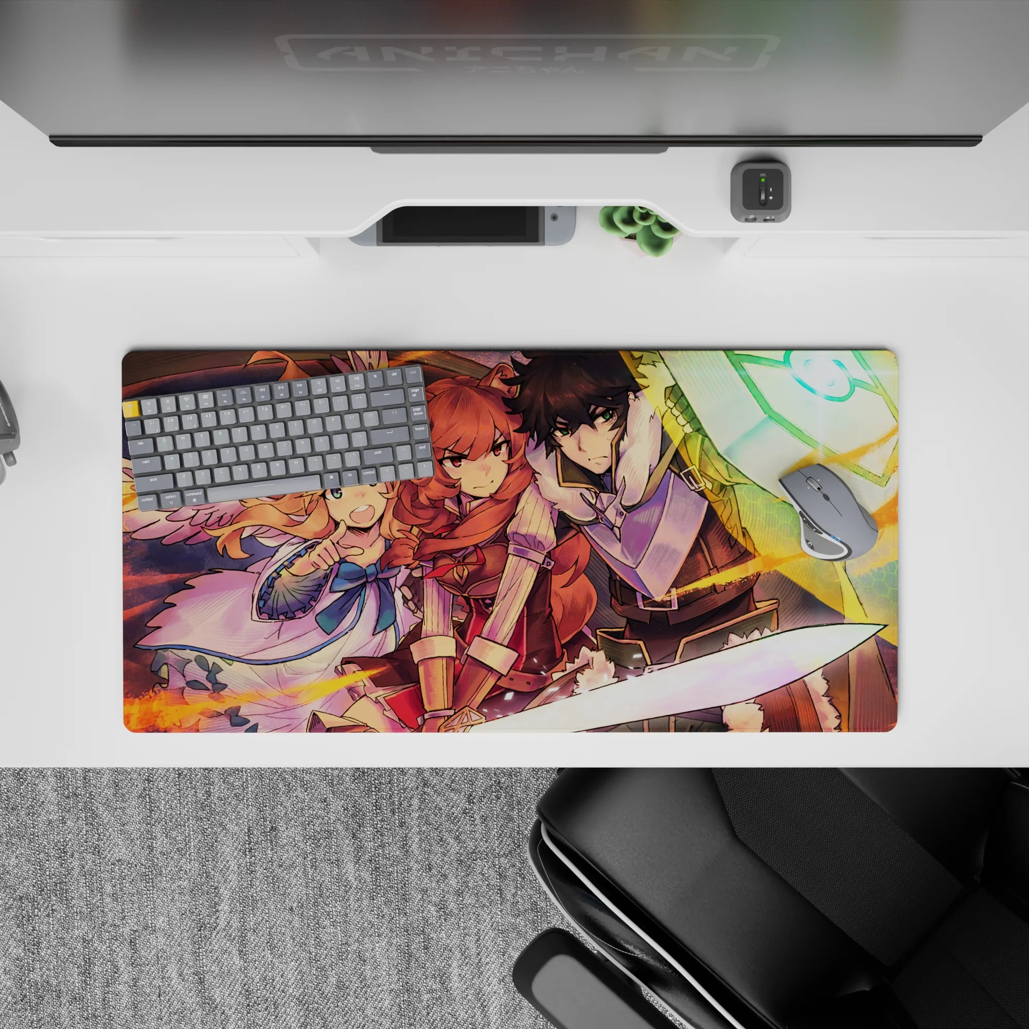 32x16 inches anime mouse pad in warm oranges and cool teals, bold shading, crisp linework, heroic vibe.