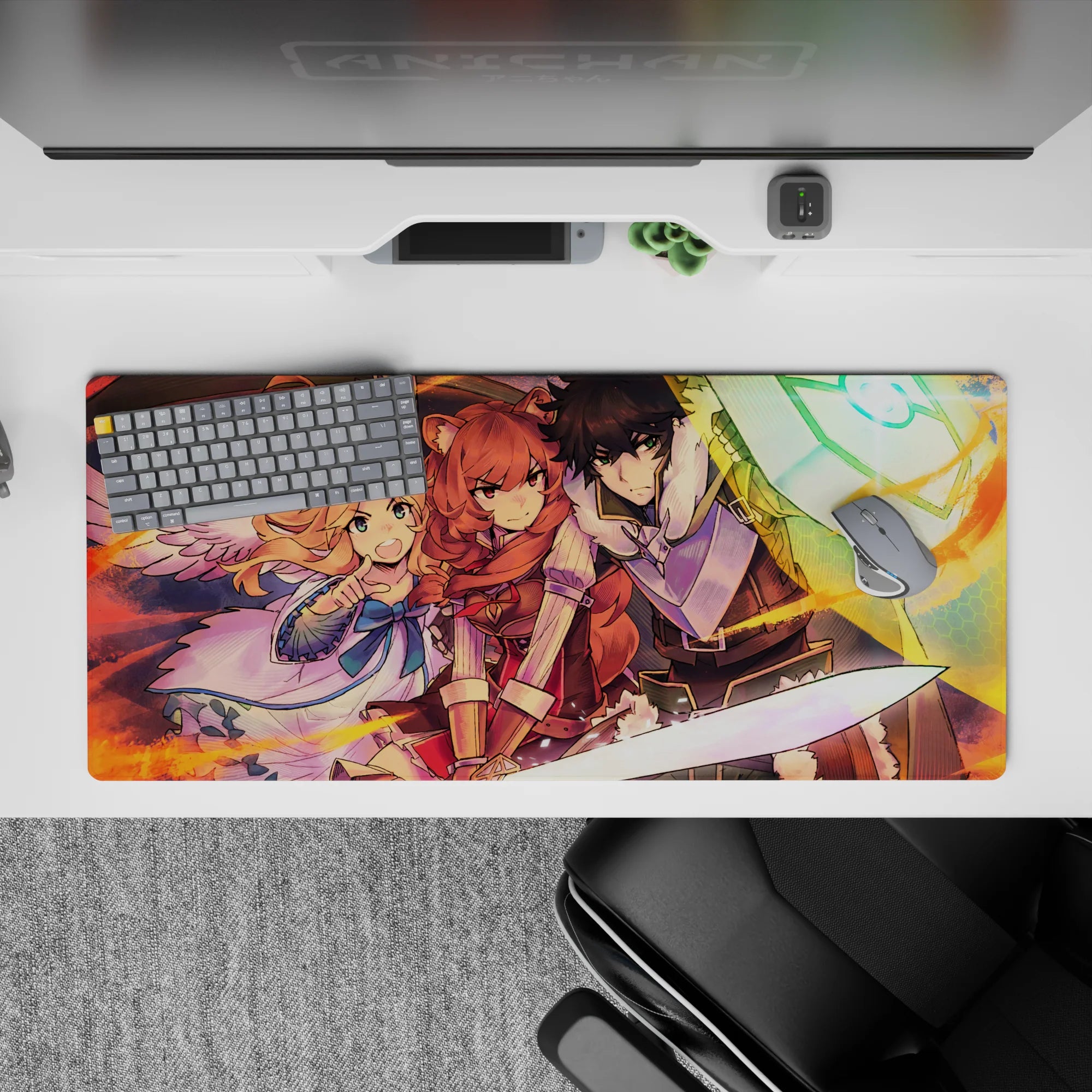 Heroic anime desk pad 36x16 inches in warm oranges and cool teals with bold painterly shading.