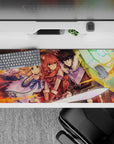 Heroic anime desk pad 36x16 inches in warm oranges and cool teals with bold painterly shading.
