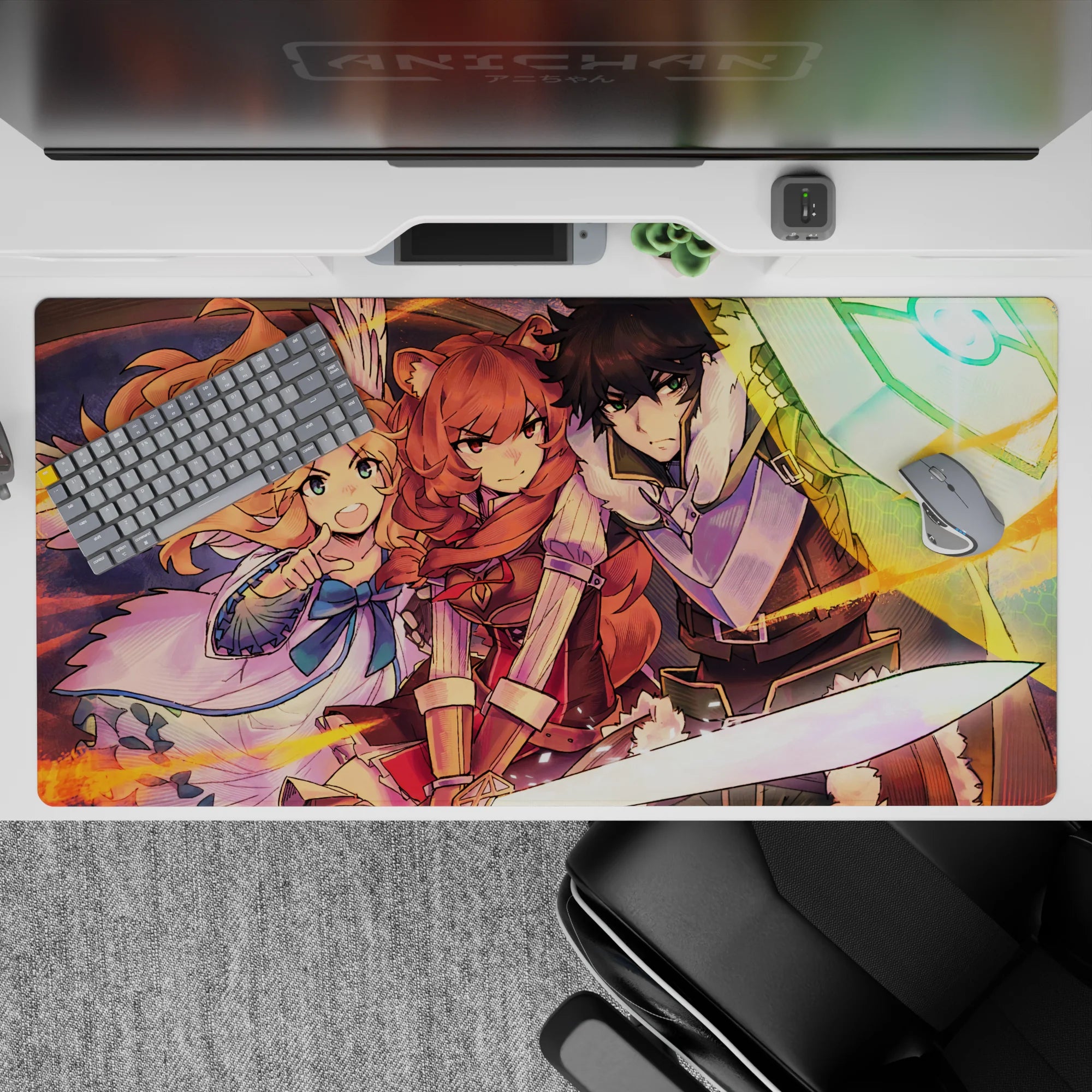 40x20 inches anime desk pad in warm oranges and cool teals, bold shading and crisp linework.