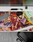 40x20 inches anime desk pad in warm oranges and cool teals, bold shading and crisp linework.