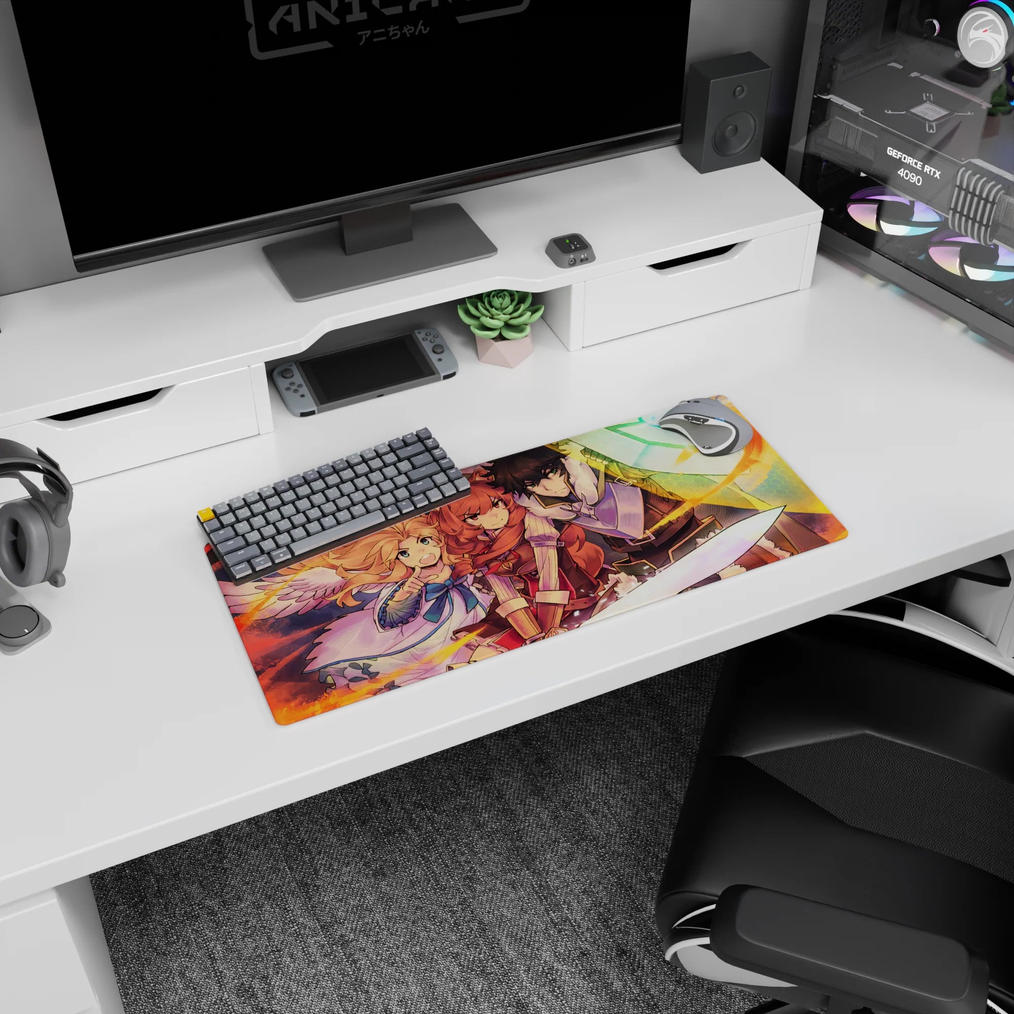 28x12 inches anime mouse pad showing a rune-shield guardian beside a red-haired warrior and winged guide.