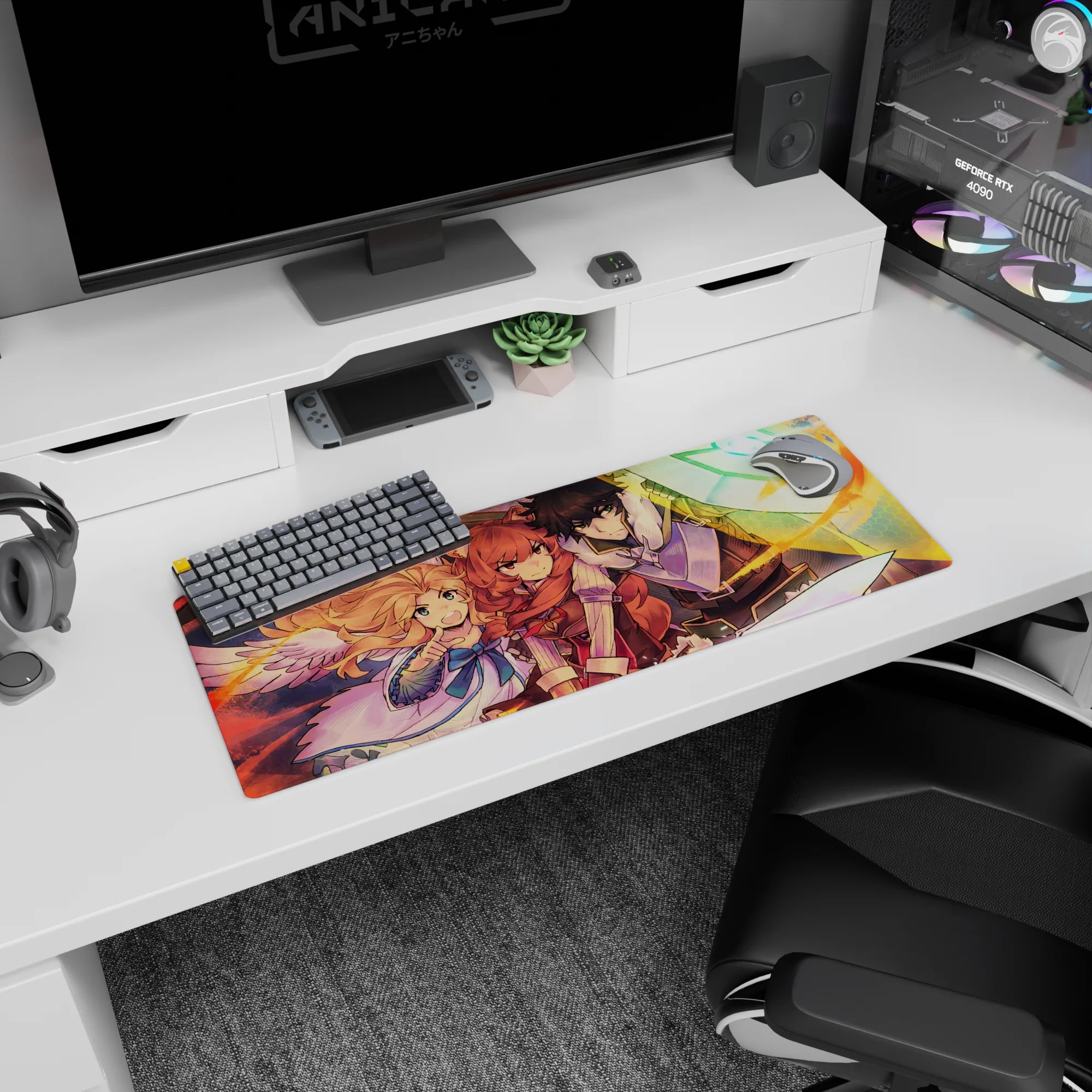 32x12 inches anime mouse pad showing a guardian with glowing rune shield beside a red-haired warrior and winged girl.