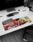 32x12 inches anime mouse pad showing a guardian with glowing rune shield beside a red-haired warrior and winged girl.
