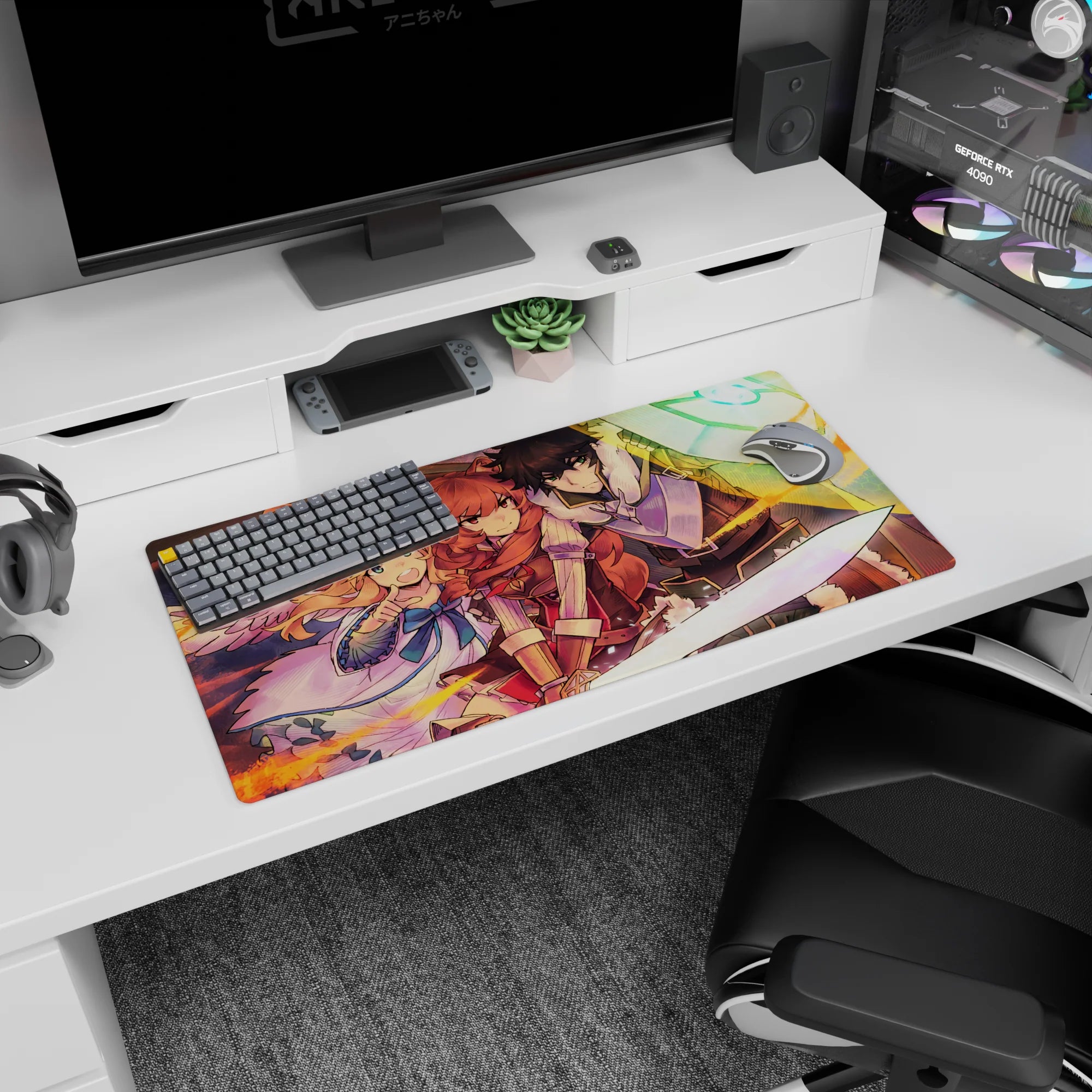 32x16 inches anime mouse pad with red-haired warrior and cloaked guardian raising a glowing rune shield.