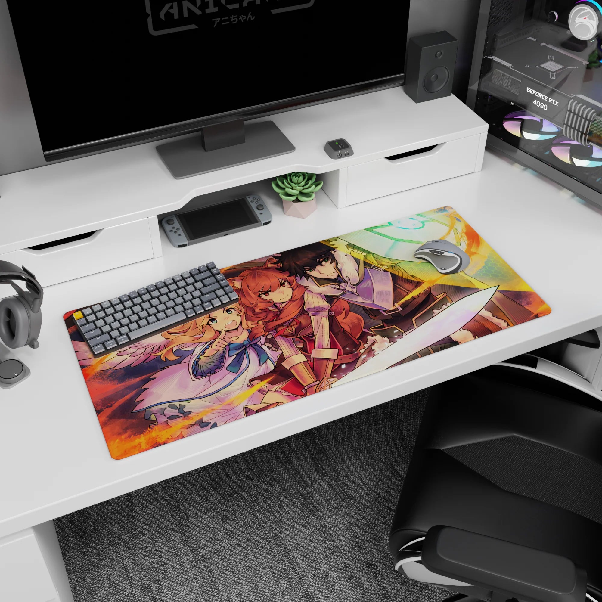 Anime desk pad 36x16 inches showing red-haired warrior ready as a cloaked guardian raises a glowing shield.