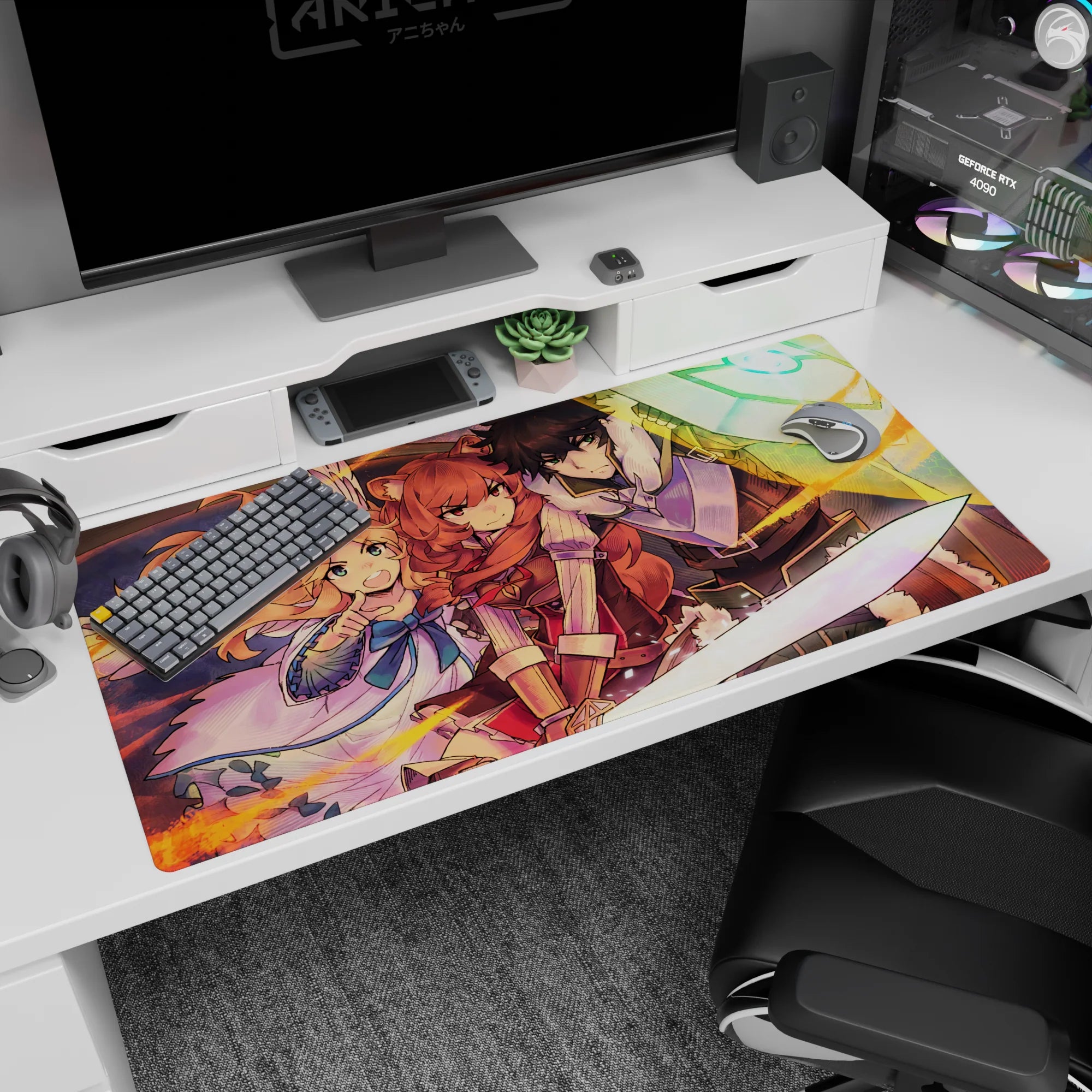 40x20 inches anime desk pad showing red-haired warrior front, guardian with glowing shield, winged guide.
