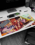 40x20 inches anime desk pad showing red-haired warrior front, guardian with glowing shield, winged guide.