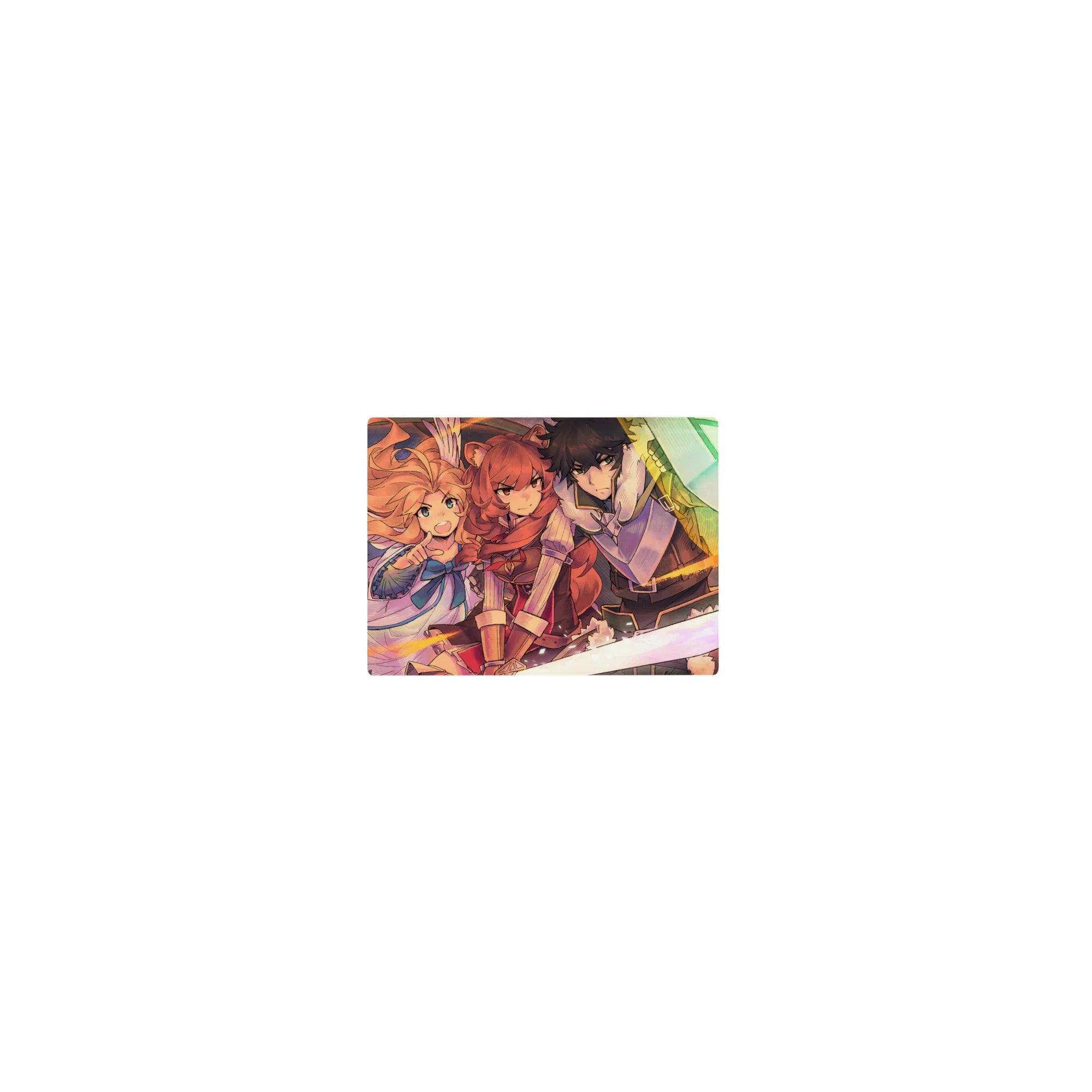 Classic anime mouse pad 14x10 inches with heroic trio: red-haired warrior, shielded guardian, winged girl.