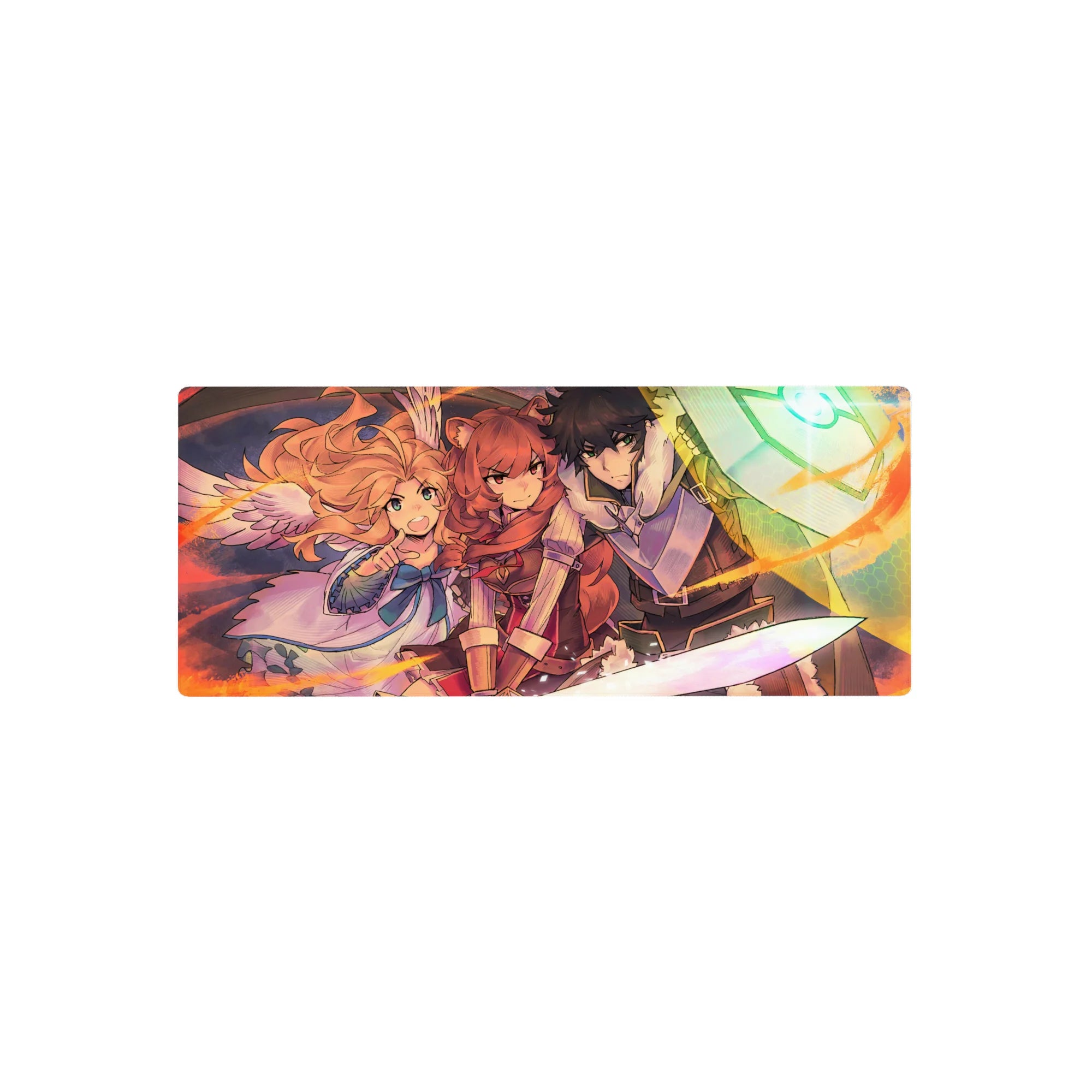 28x12 inches anime mouse pad with three heroes: red-haired fighter, cloaked guardian, and winged girl.