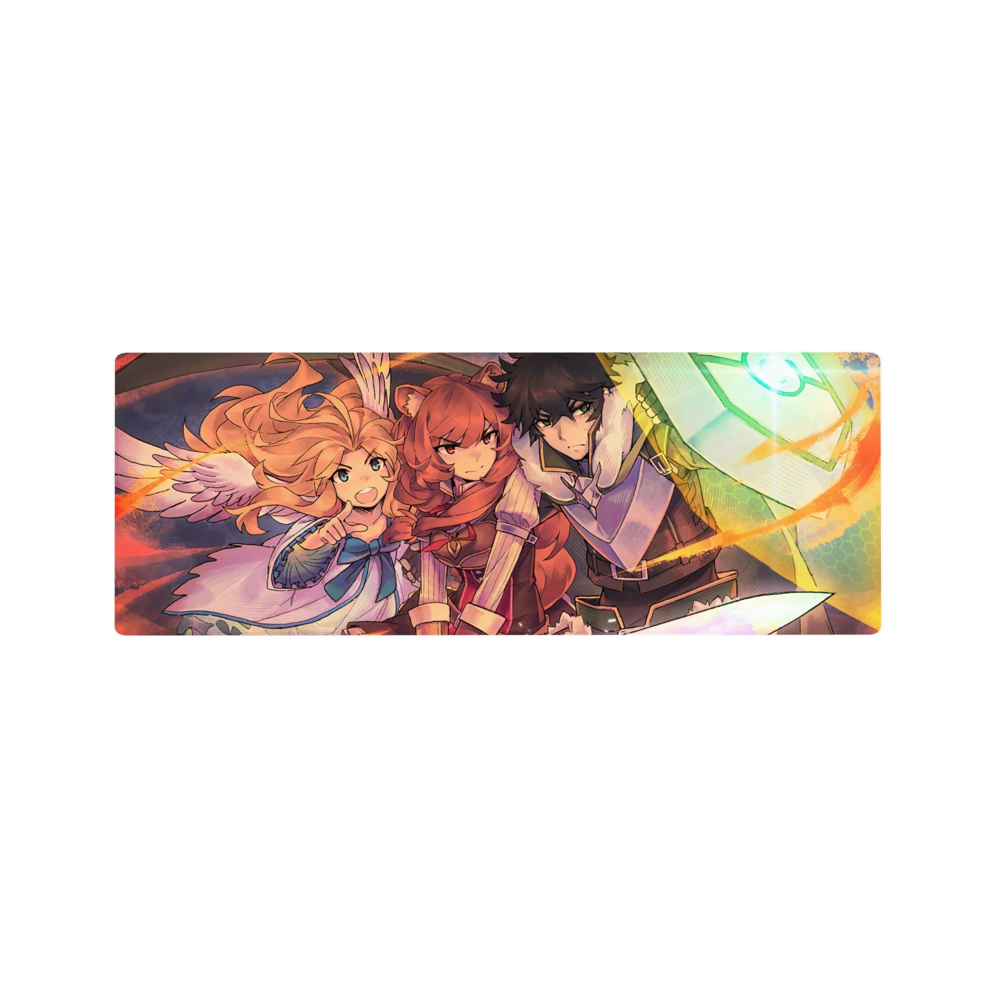 32x12 inches anime mouse pad with heroic trio: red-haired fighter, cloaked guardian, winged girl, streaking light.