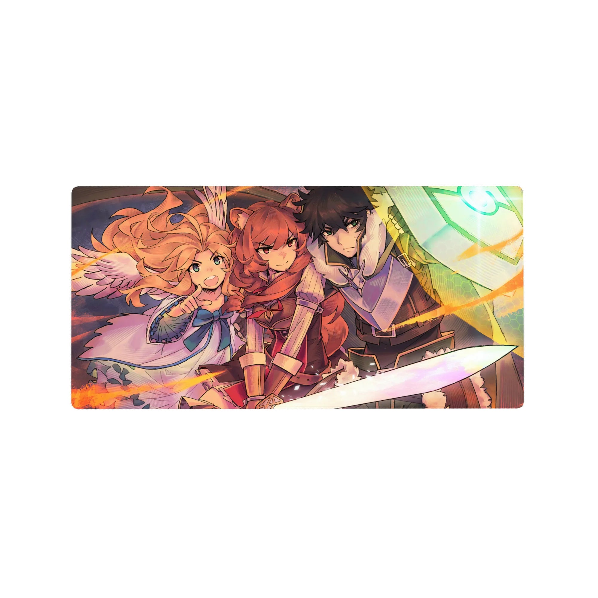 32x16 inches anime mouse pad with three heroic fighters, rune shield, winged girl, and streaking light.
