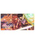 32x16 inches anime mouse pad with three heroic fighters, rune shield, winged girl, and streaking light.