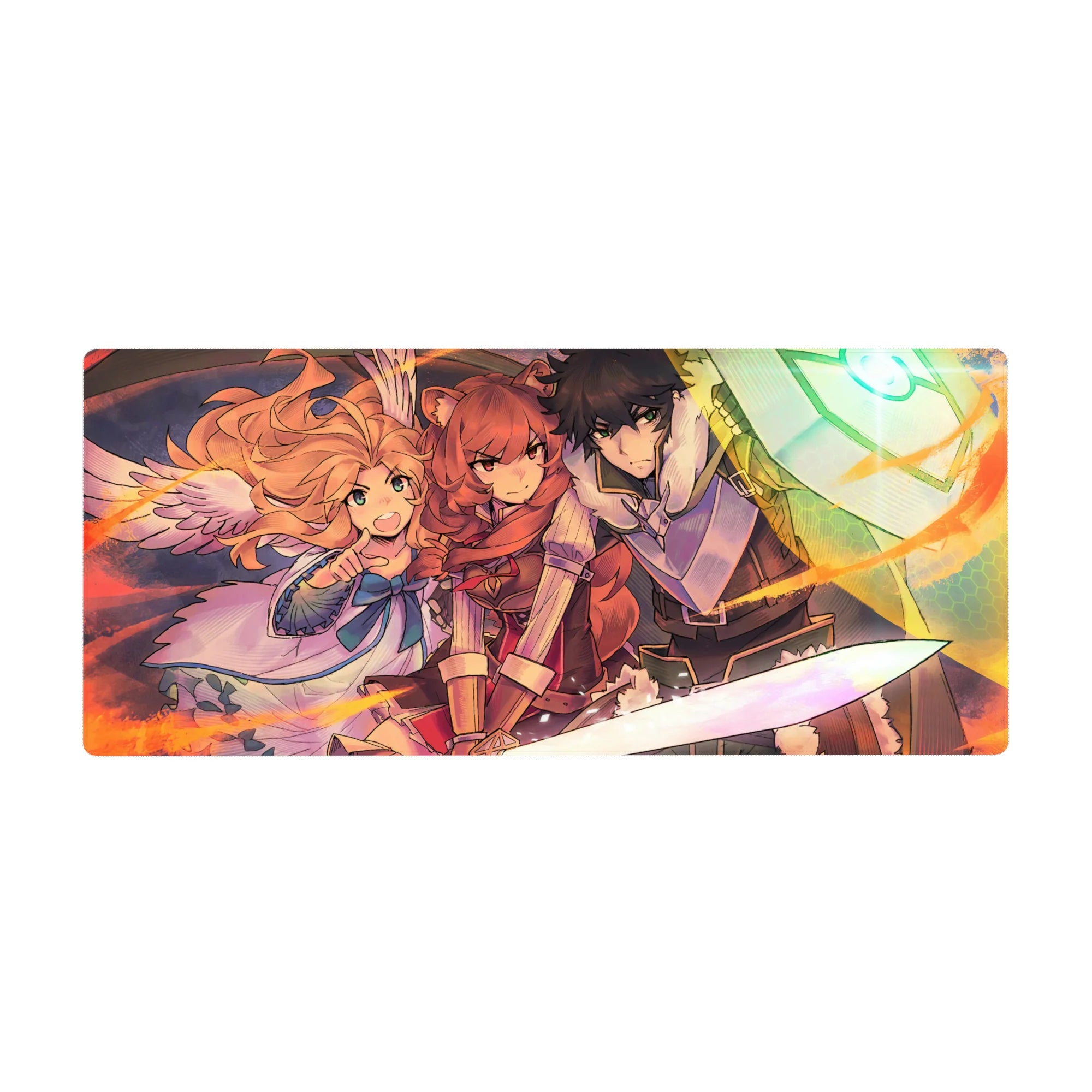 Anime desk pad 36x16 inches with three heroes: red-haired fighter, rune shield guardian, winged girl.