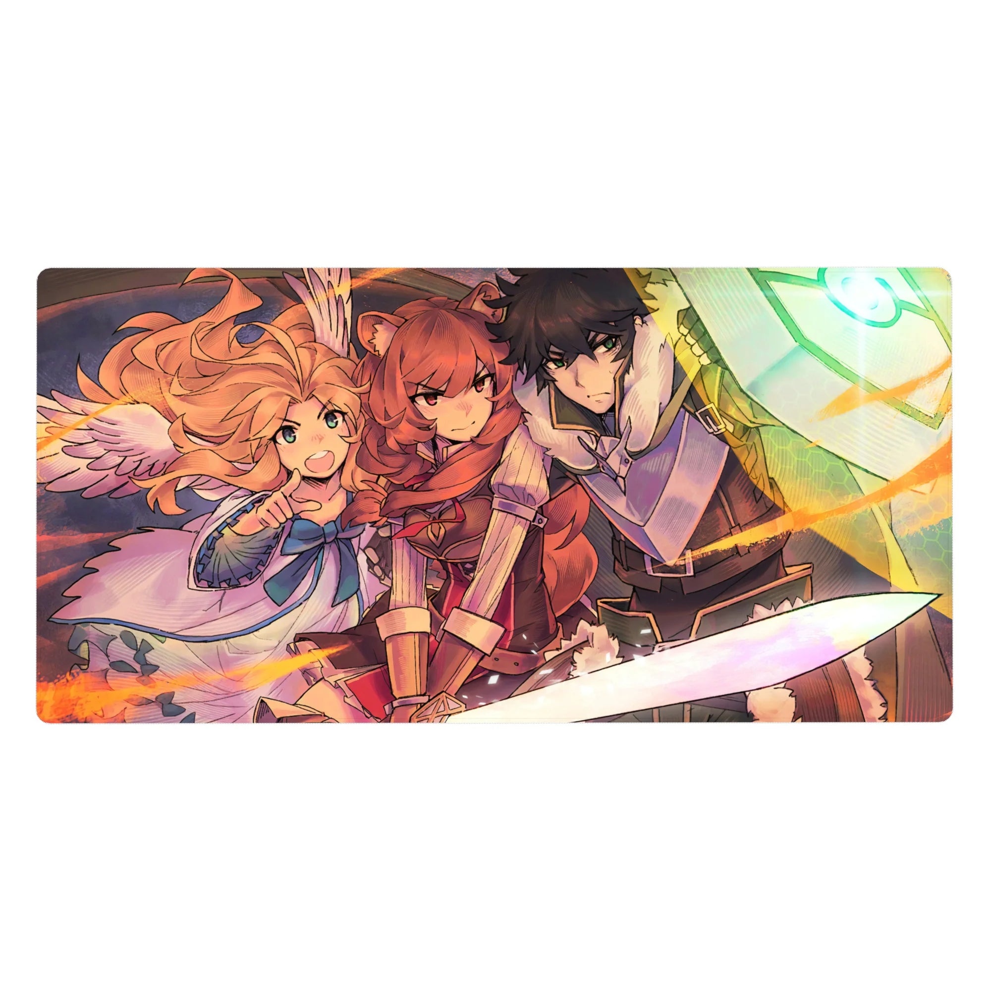 Anime desk pad 40x20 inches with heroic trio: red-haired fighter, rune shield guardian, winged girl.