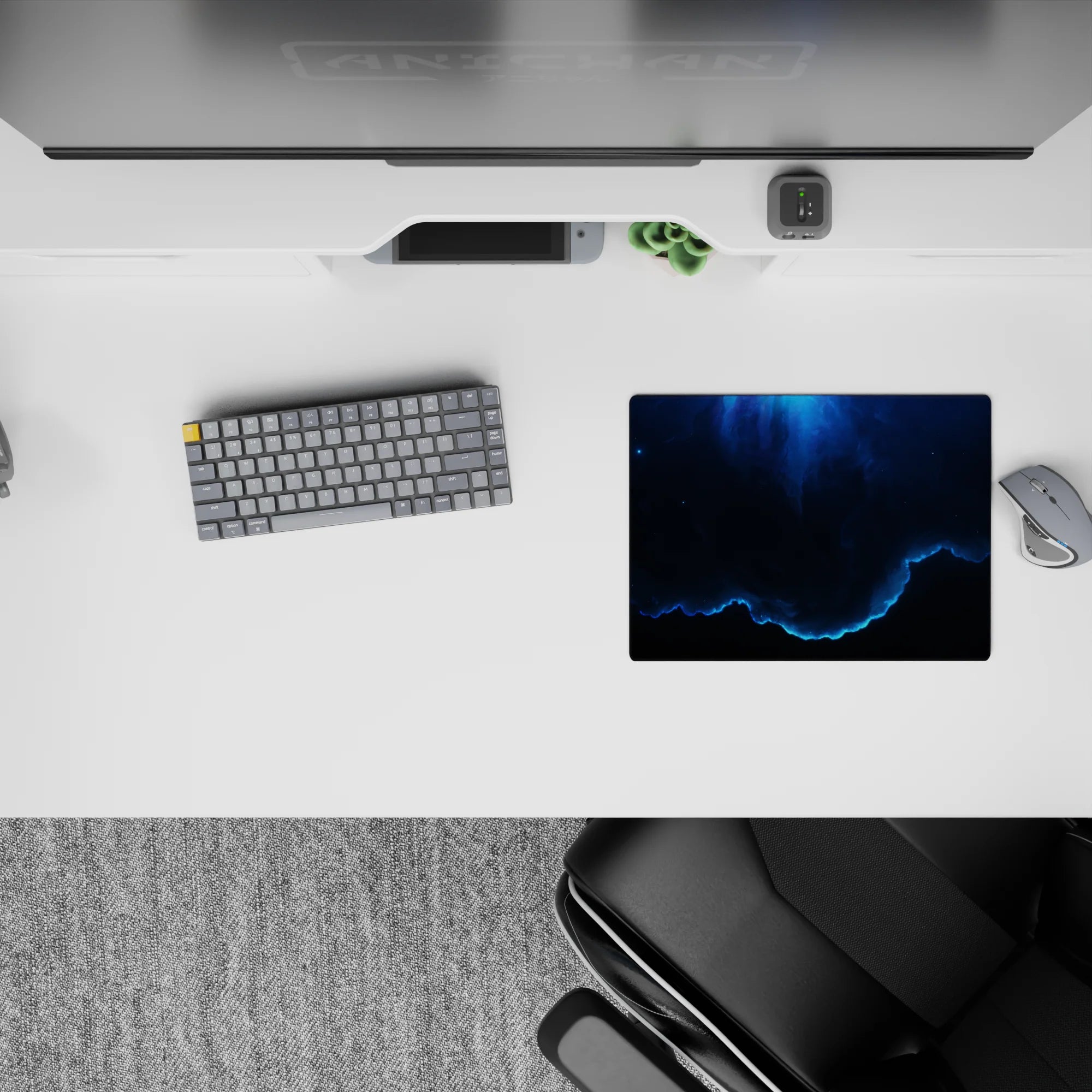 Moody deep navy and smoky gradients classic mouse pad, 14x10 inches, calm vibe with electric blue edge.