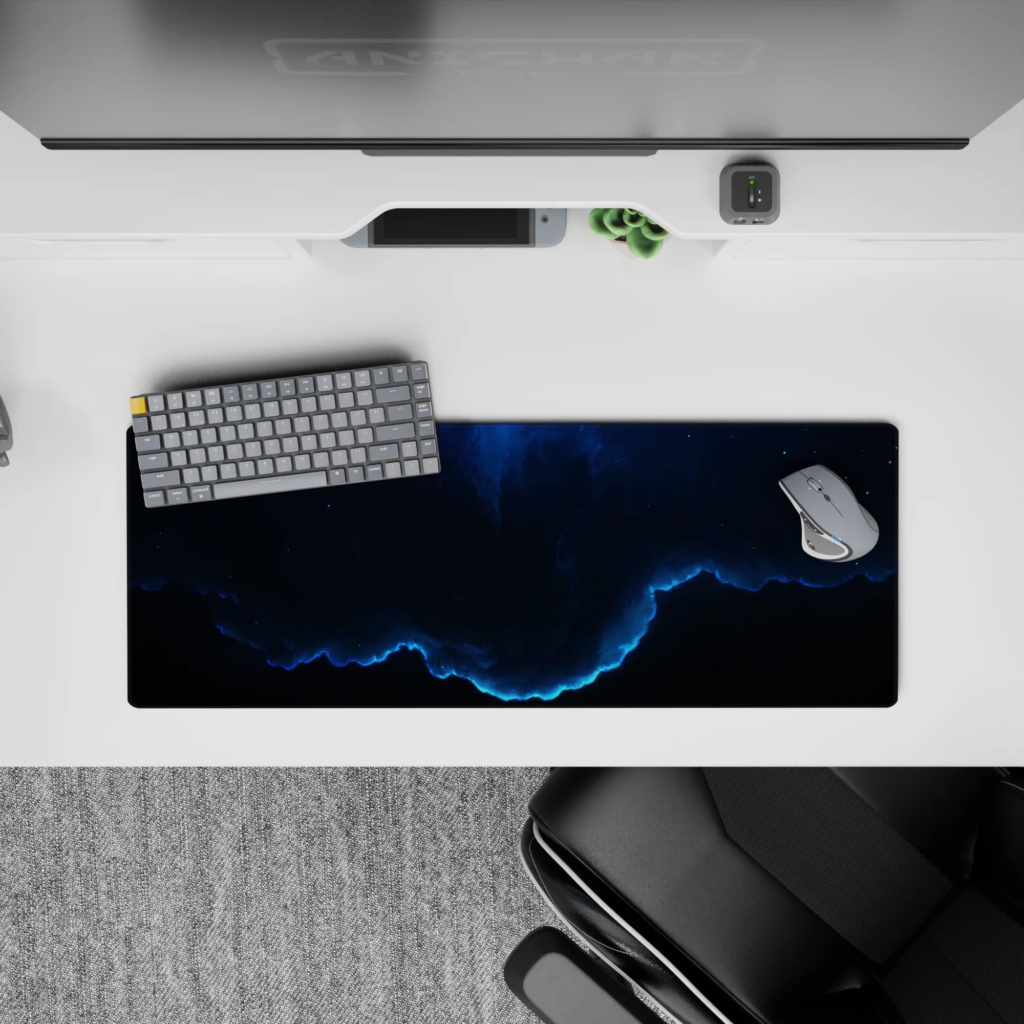 Moody navy and smoky gradient mouse pad 32x12 inches with calm cosmic vibe and electric blue edge.