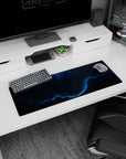 Deep navy cloudscape mouse pad 32x12 inches featuring a glowing neon-blue rim and tiny star confetti.