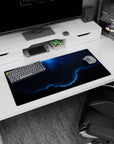 Neon-blue rimmed galaxy cloud scene mouse pad, 32x16 inches, deep navy haze with star confetti.