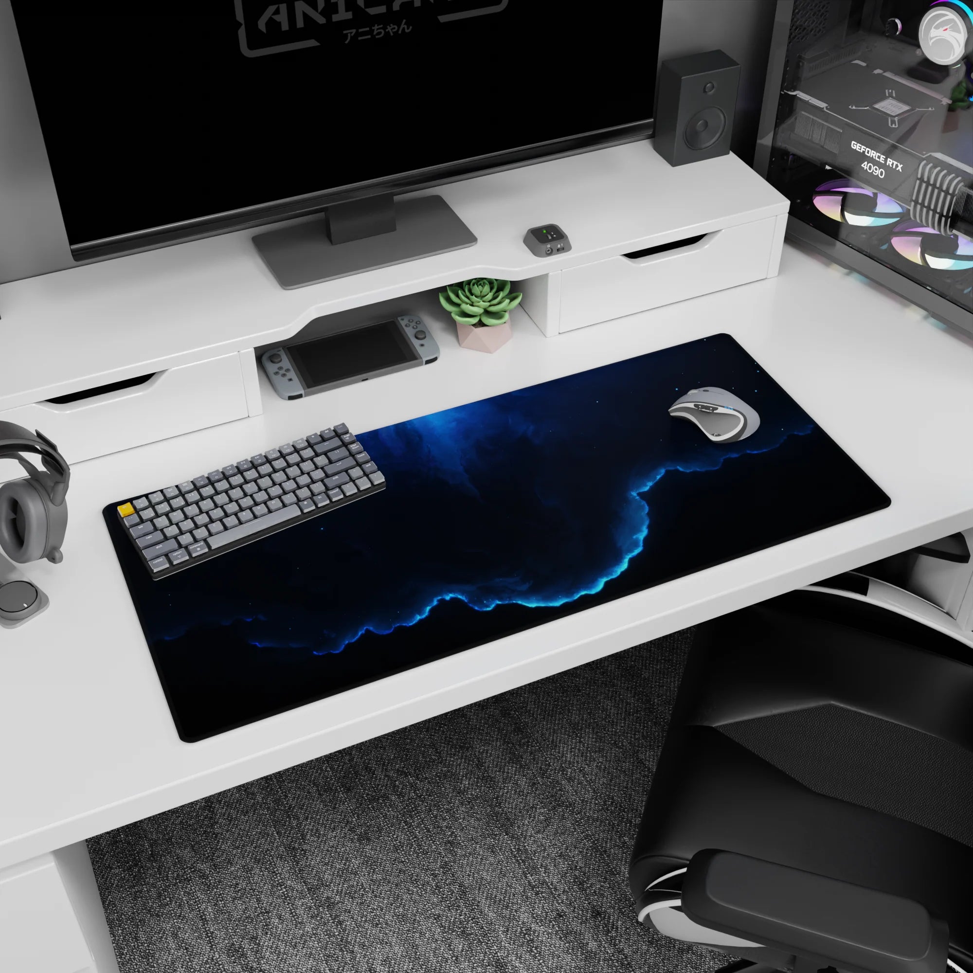 Starry night cloudscape desk pad 36x16 inches, smoky space scene with a bright neon-blue edge.