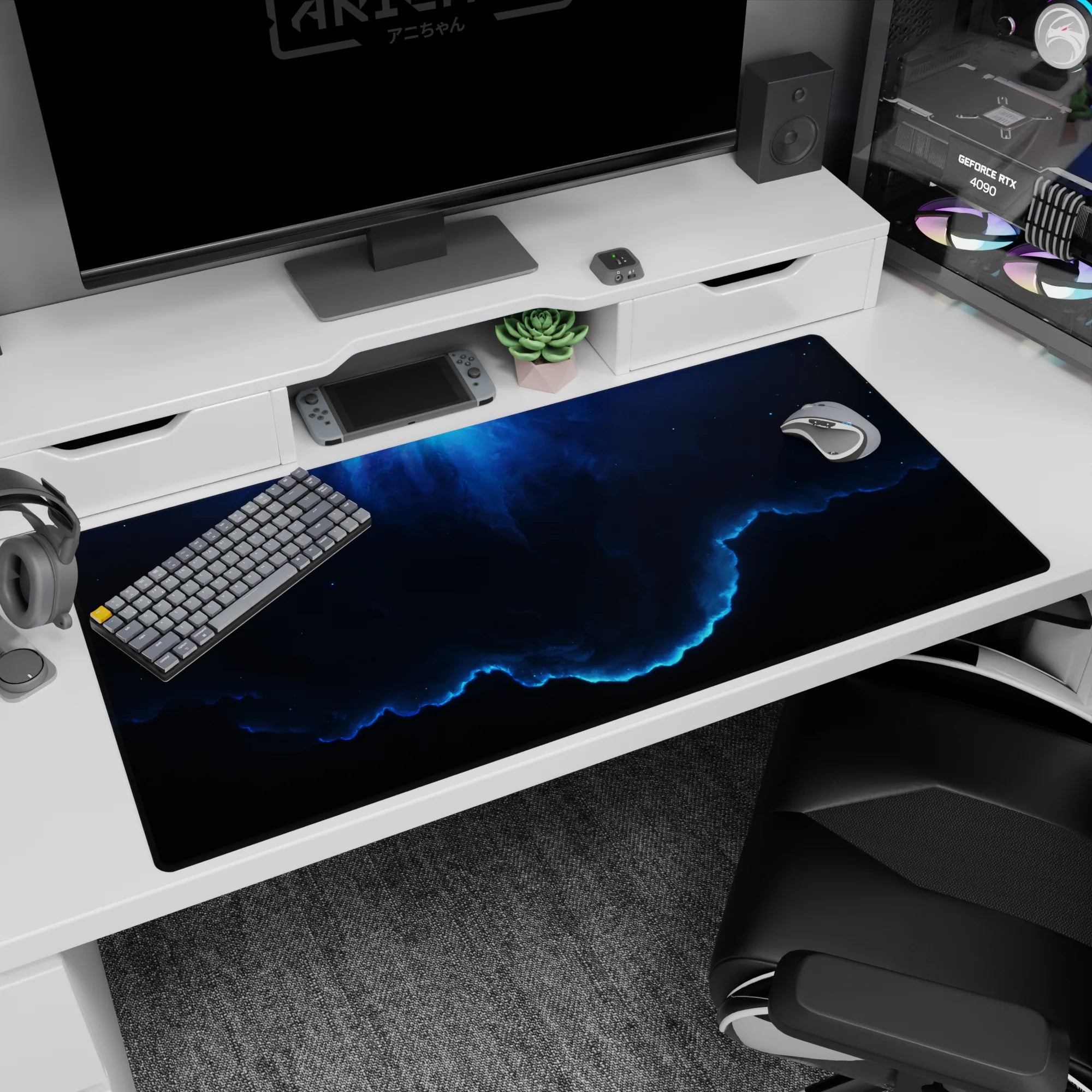 Midnight storm sky scene desk pad 40x20 inches showing swirling clouds, star specks, and neon-blue rim light.