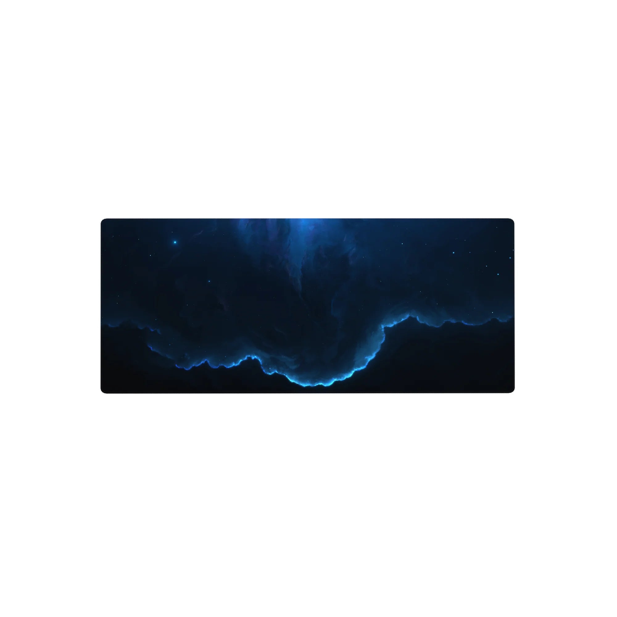 Cosmic midnight space desk mouse pad with starry gradient clouds and neon-blue rim, 28x12 inches.