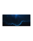 Cosmic midnight space desk mouse pad with starry gradient clouds and neon-blue rim, 28x12 inches.