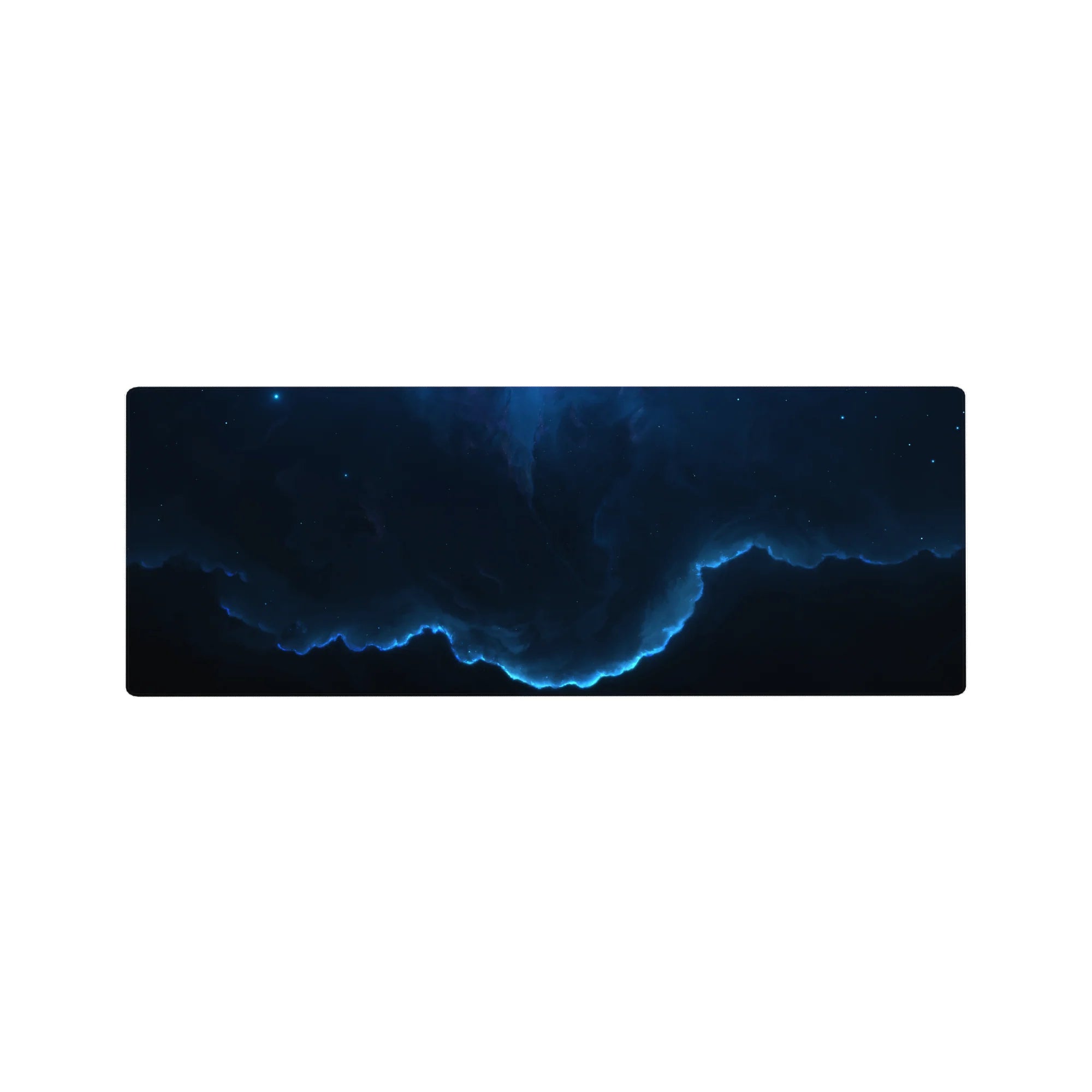 Midnight space swirl desk mouse pad 32x12 inches with neon-blue rim and scattered stars.