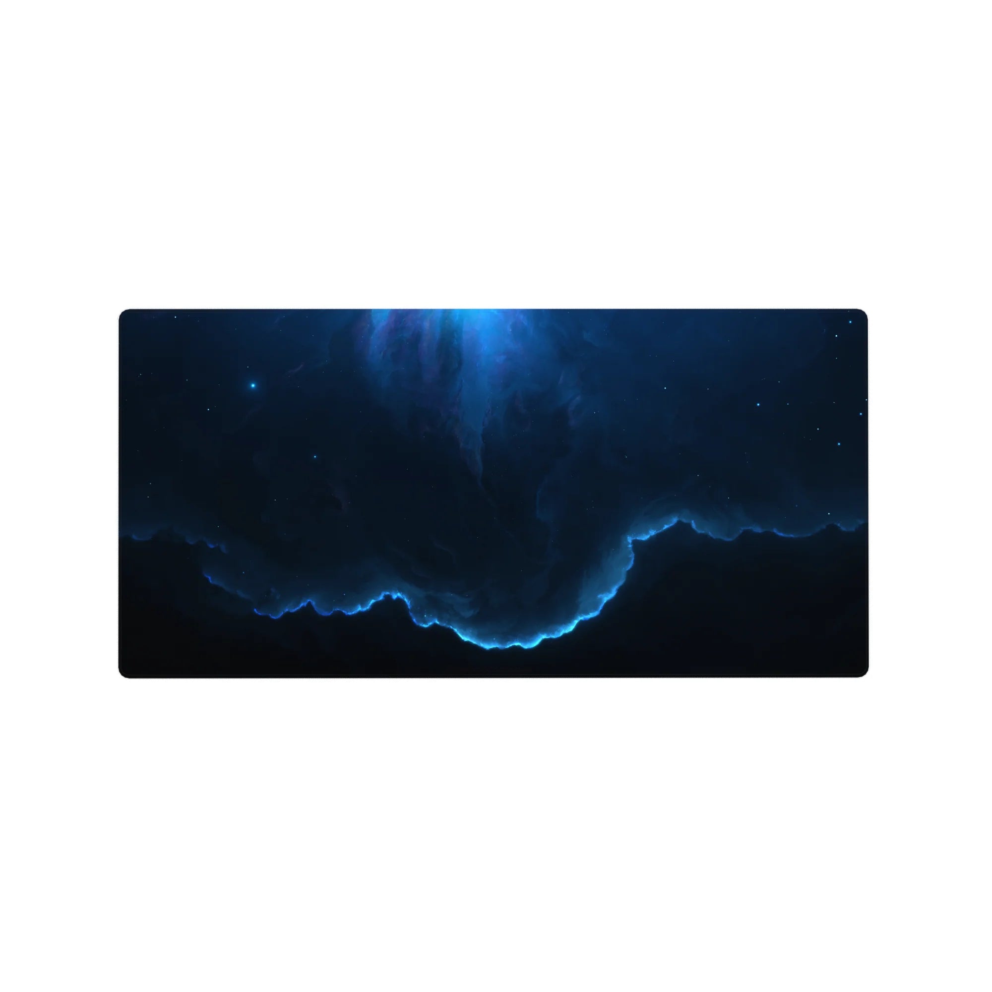 Midnight space swirl desk mouse pad, 32x16 inches, with neon-blue rim and scattered tiny stars.