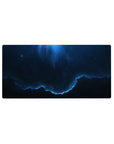 Midnight space swirl desk mouse pad, 32x16 inches, with neon-blue rim and scattered tiny stars.