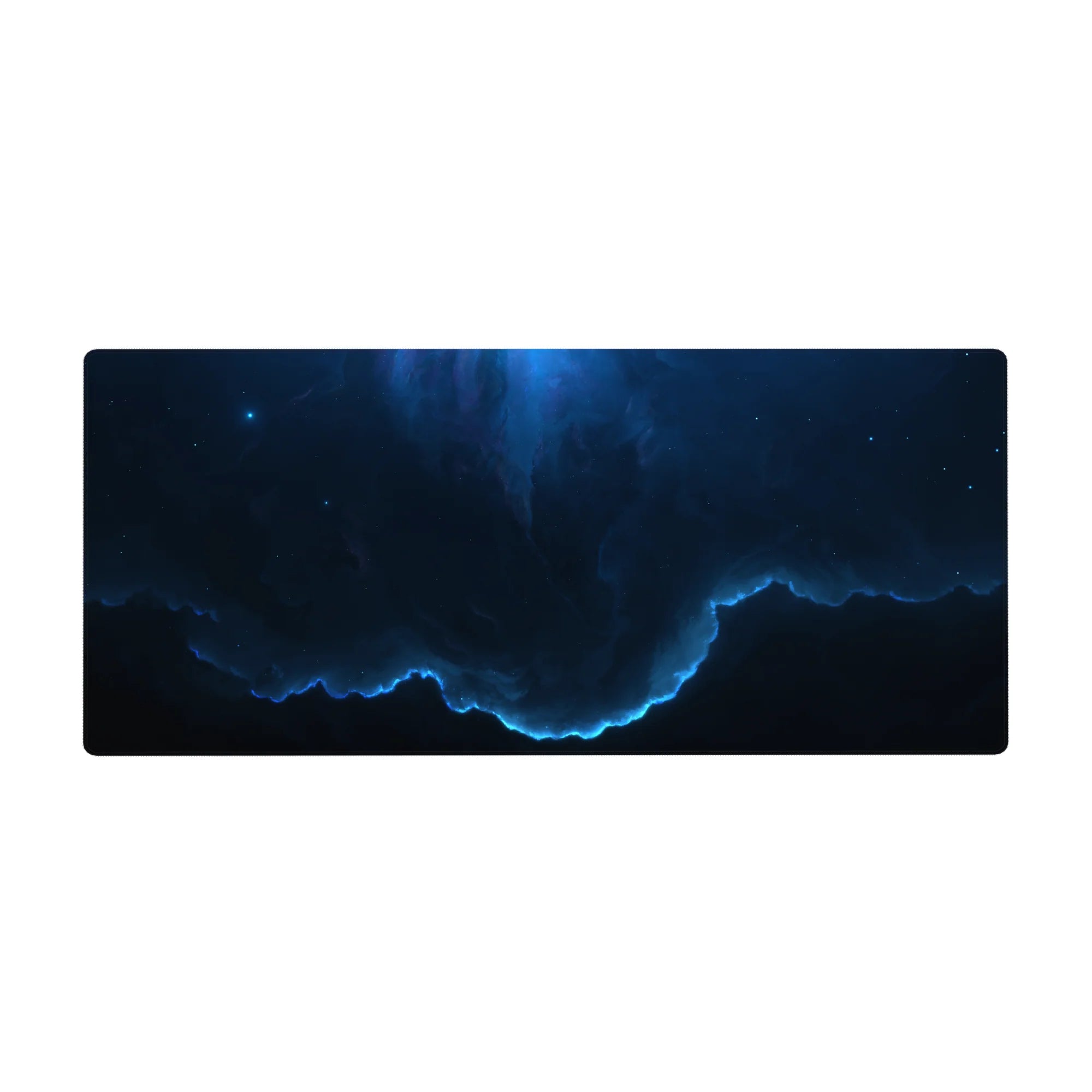 Midnight space desk pad 36x16 inches with swirling navy clouds, neon-blue rim, and scattered stars.