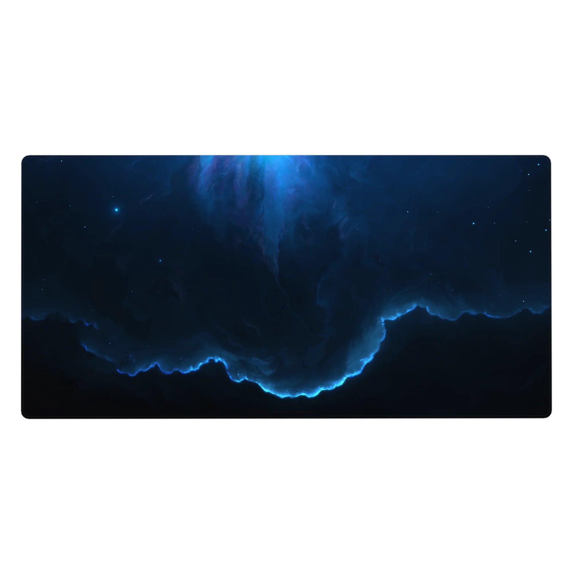 Cosmic midnight space desk pad 40x20 inches with swirling navy clouds, neon-blue rim, and tiny stars.